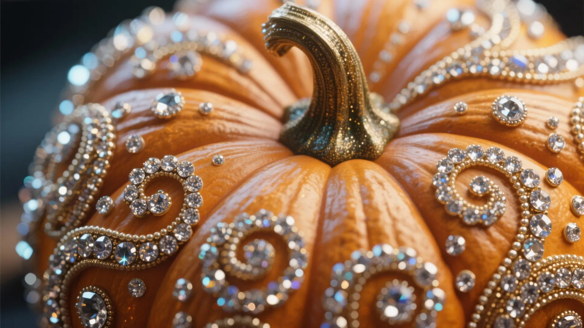 Pumpkin decorated with rhinestones and beads in swirling patterns