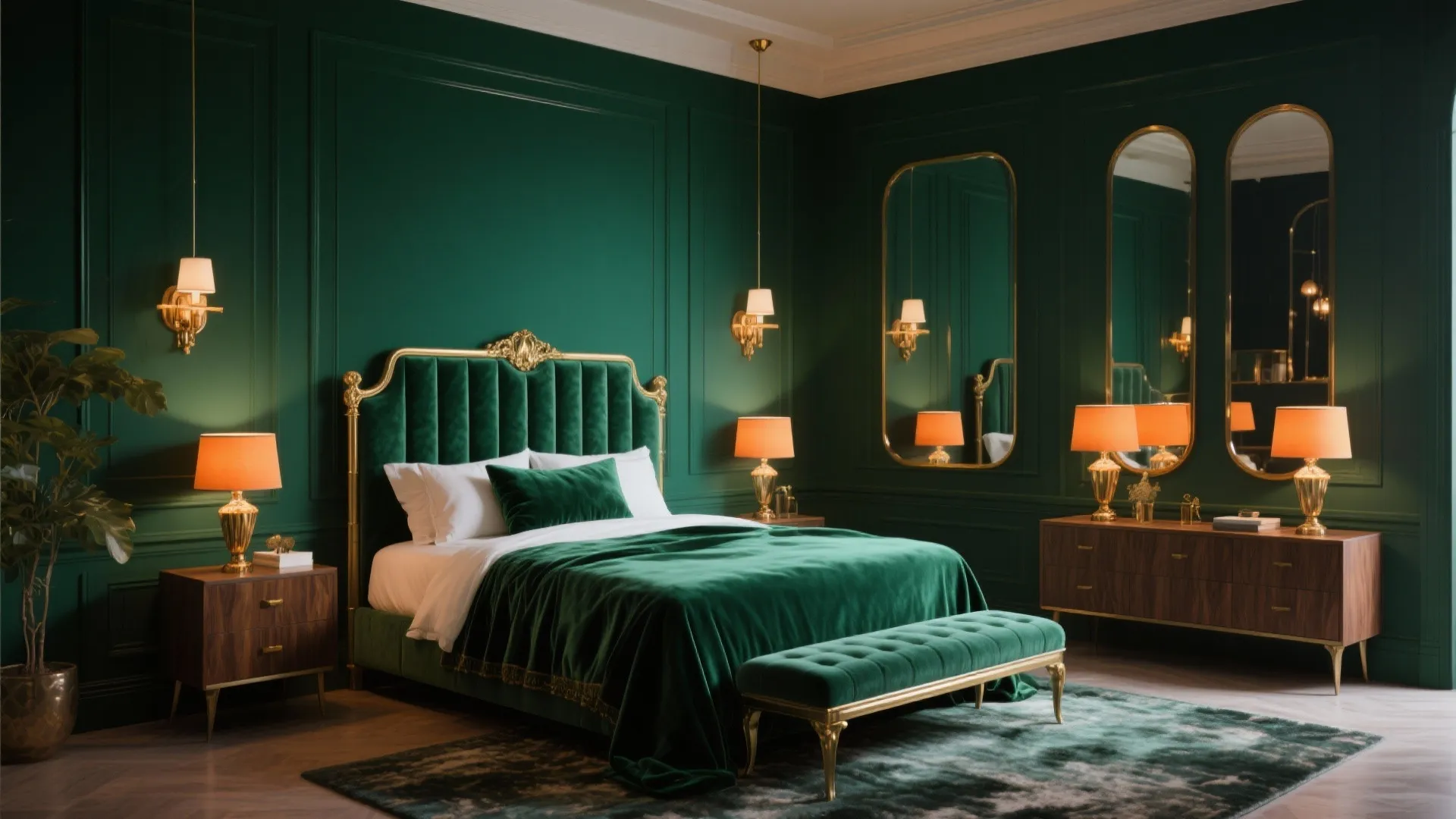 Luxury green velvet bed with gold headboard dark green wall panels wall lights and wooden cabinet