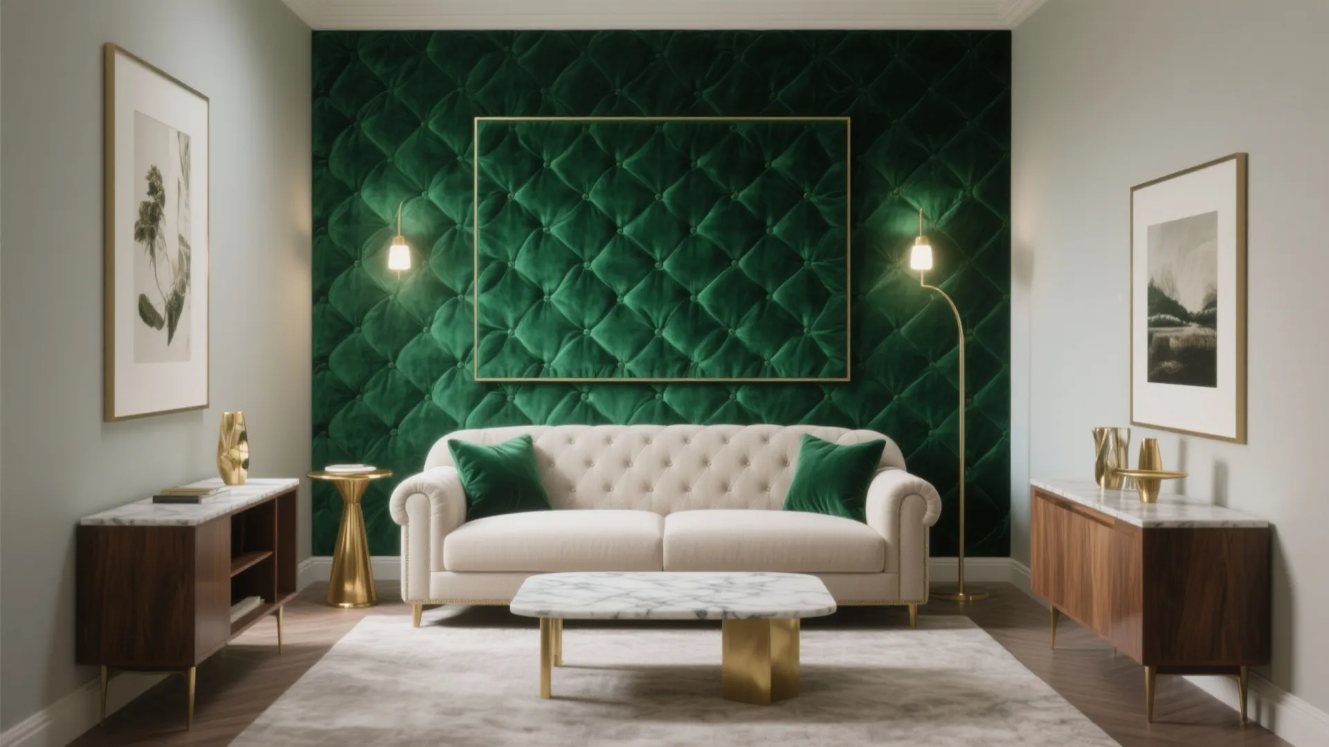 Elegant living room featuring green velvet wall panels cream sofa marble coffee table and gold lamps