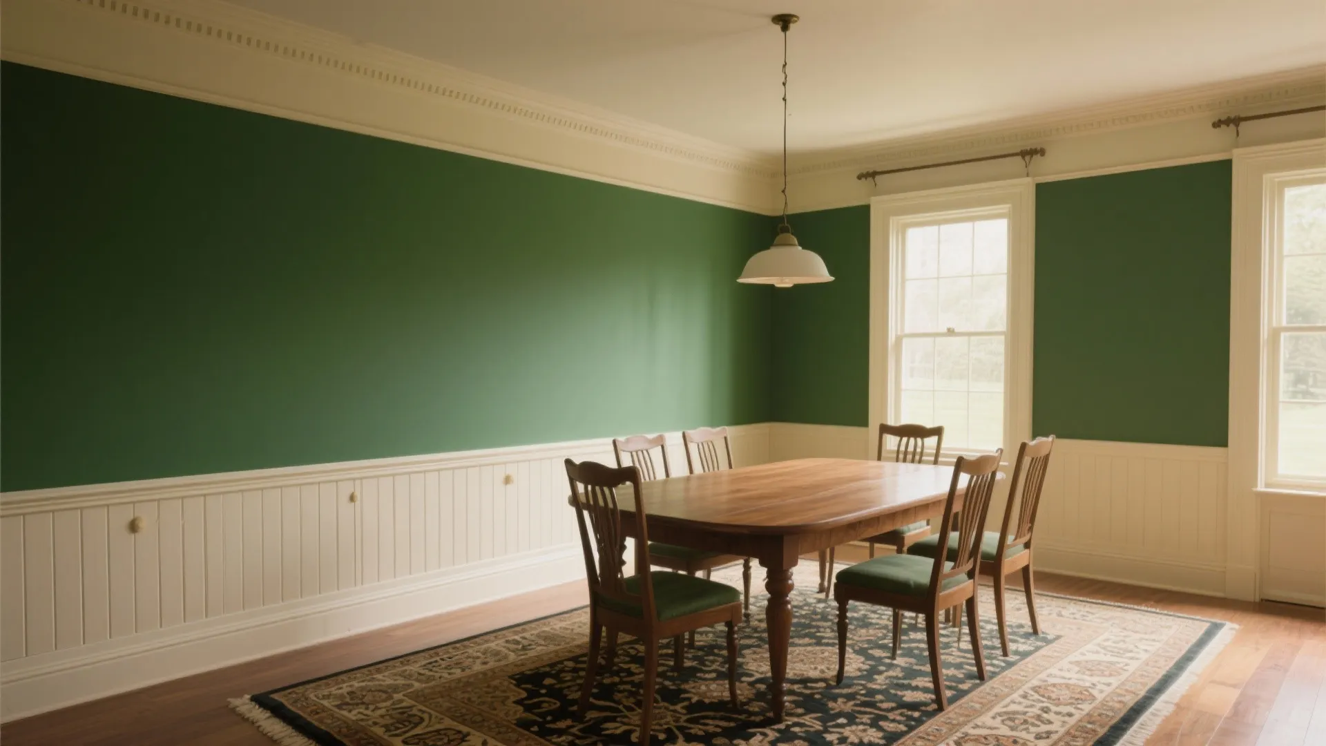 Dining room with emerald below and light above chair rail