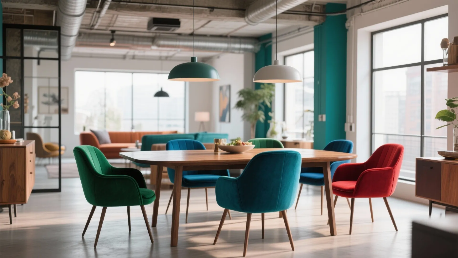 Dining chairs in jewel tones create drama in a modern loft