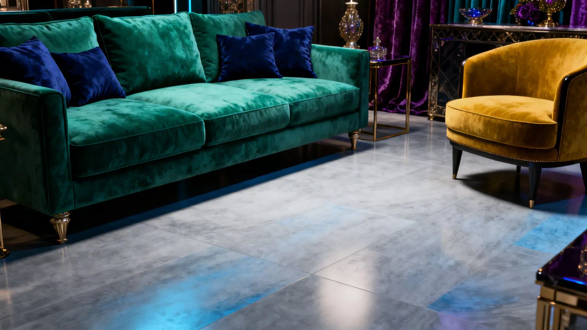 Green velvet sofa with blue pillows, yellow armchair, purple curtains, and shiny grey floor tiles