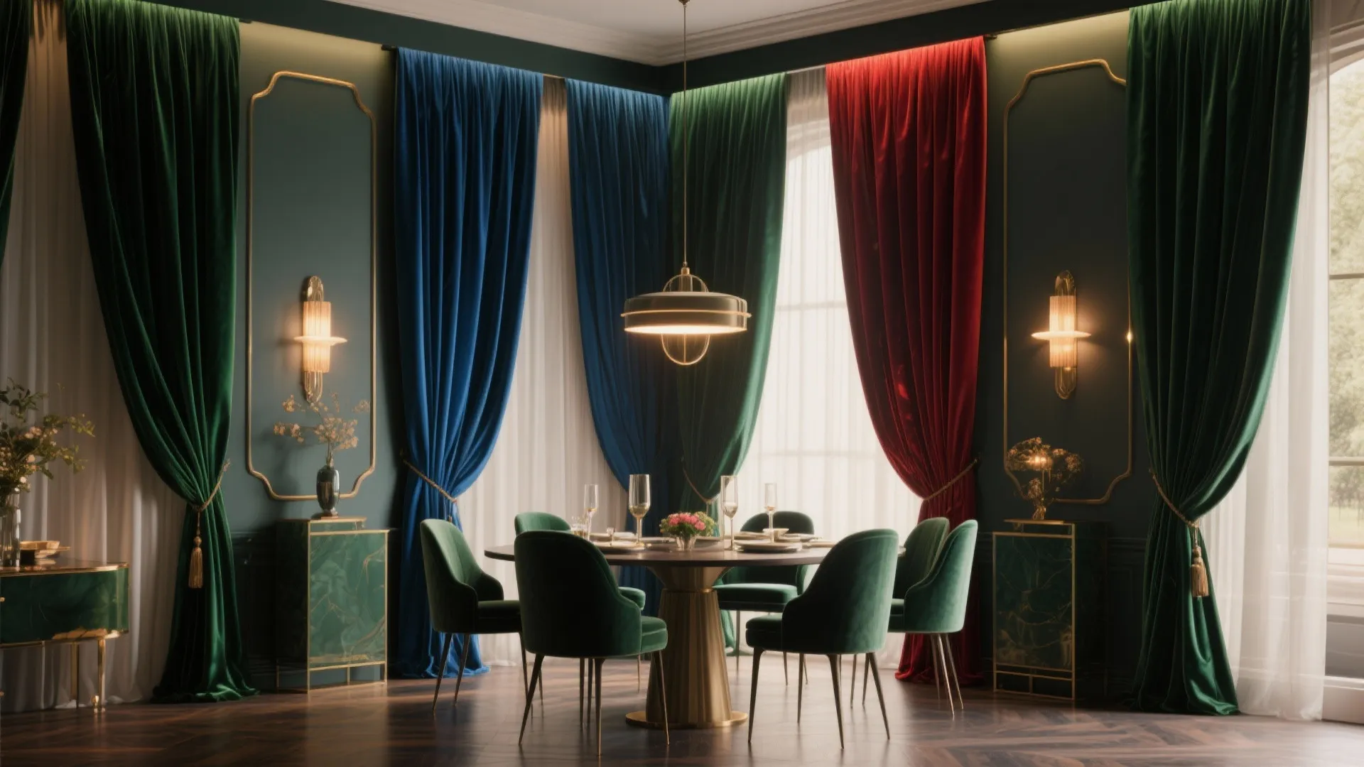 Luxury dining room with green velvet chairs dark walls wall lights and colorful long window curtains