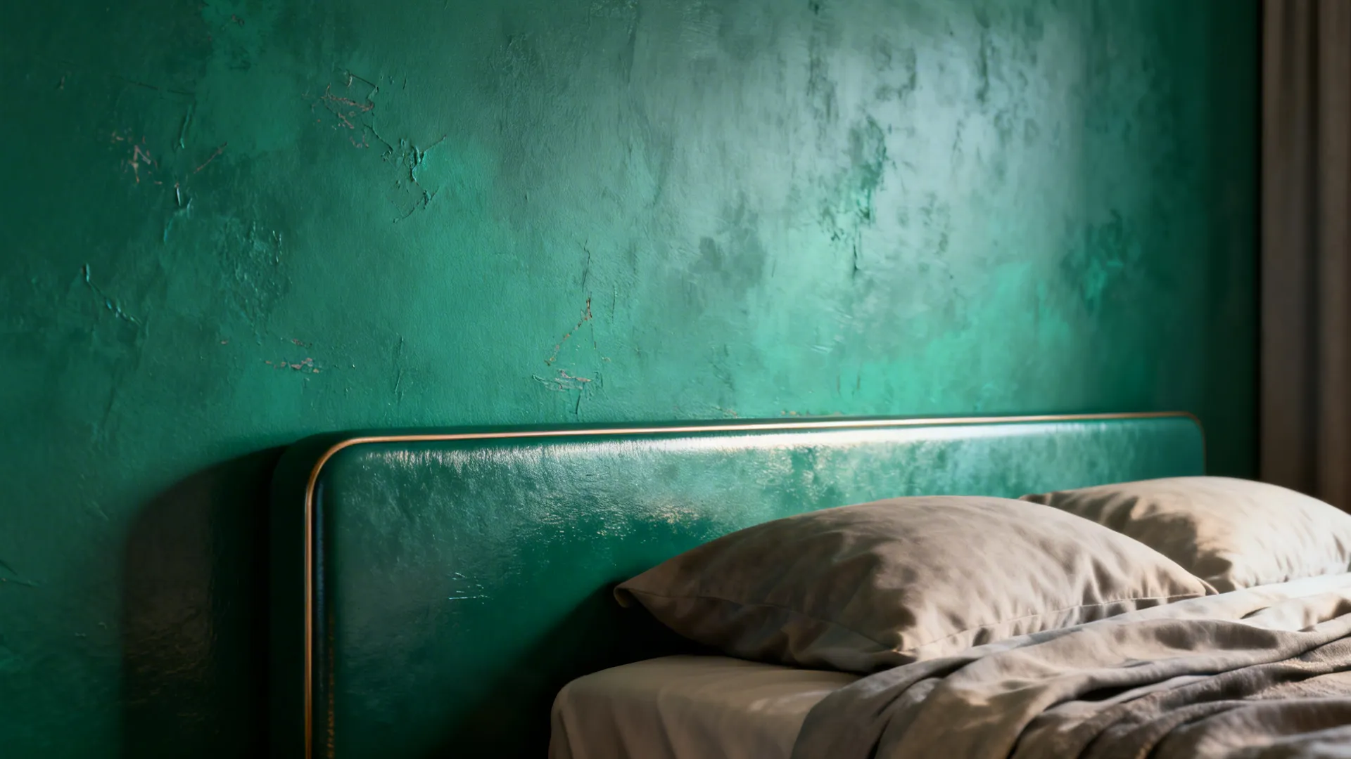Close-up of an emerald matte accent wall behind a bed showing paint texture and linen bedding