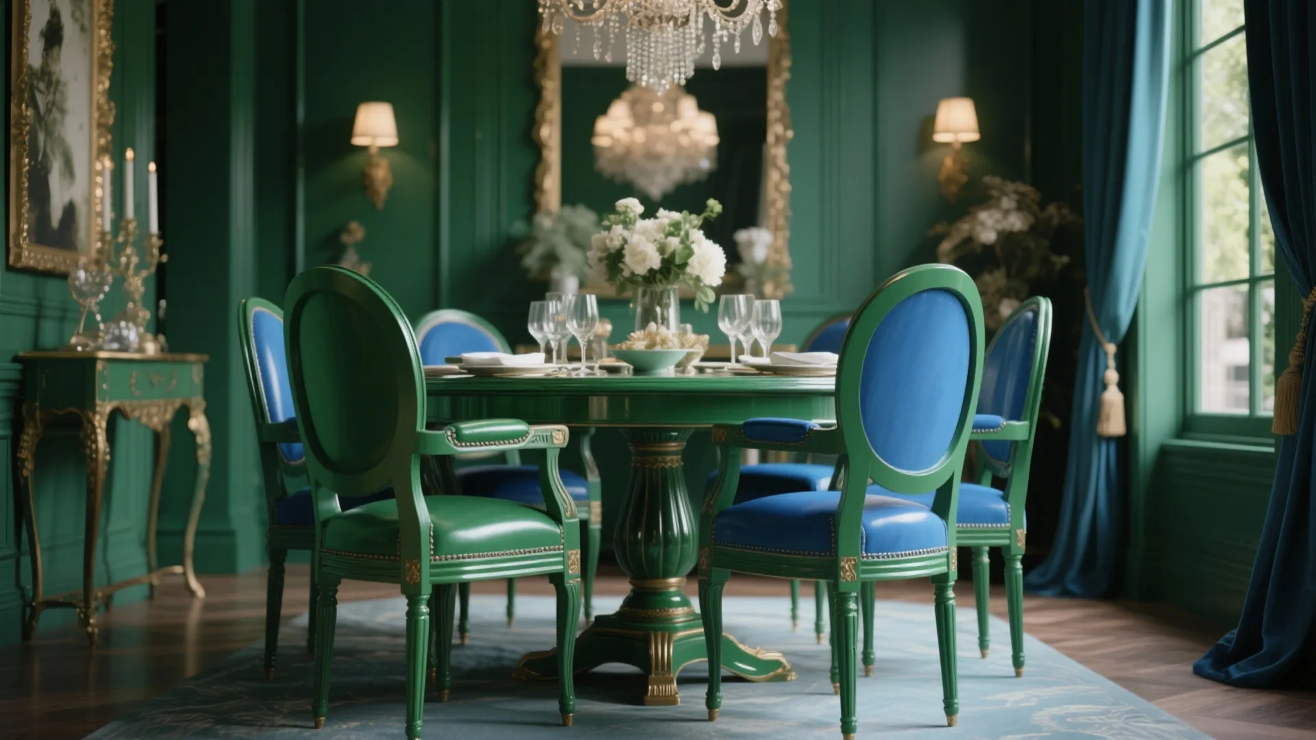 Dining set with emerald green and sapphire blue satin-painted wood
