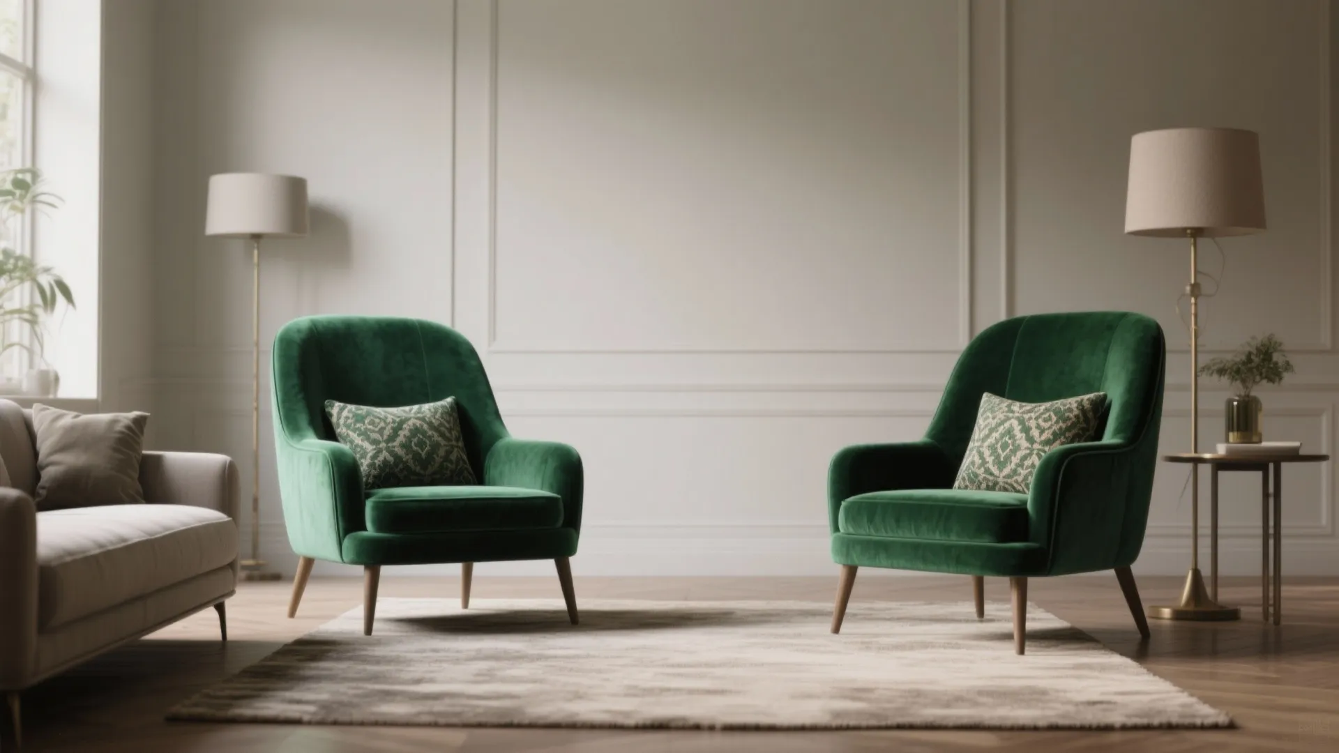 Neutral living room where two jewel-toned chairs create a vivid focal point.