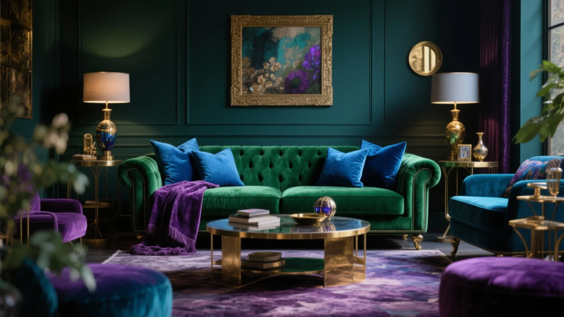 Emerald green sofa with blue pillows, gold coffee table, purple rug, and dark green walls
