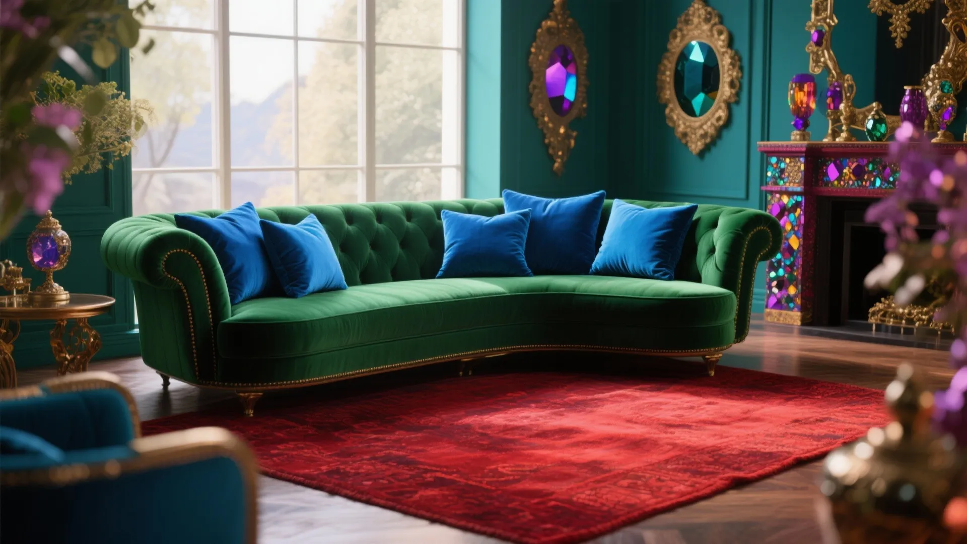 Luxurious green sofa with blue pillows on a red rug in a colorful living room