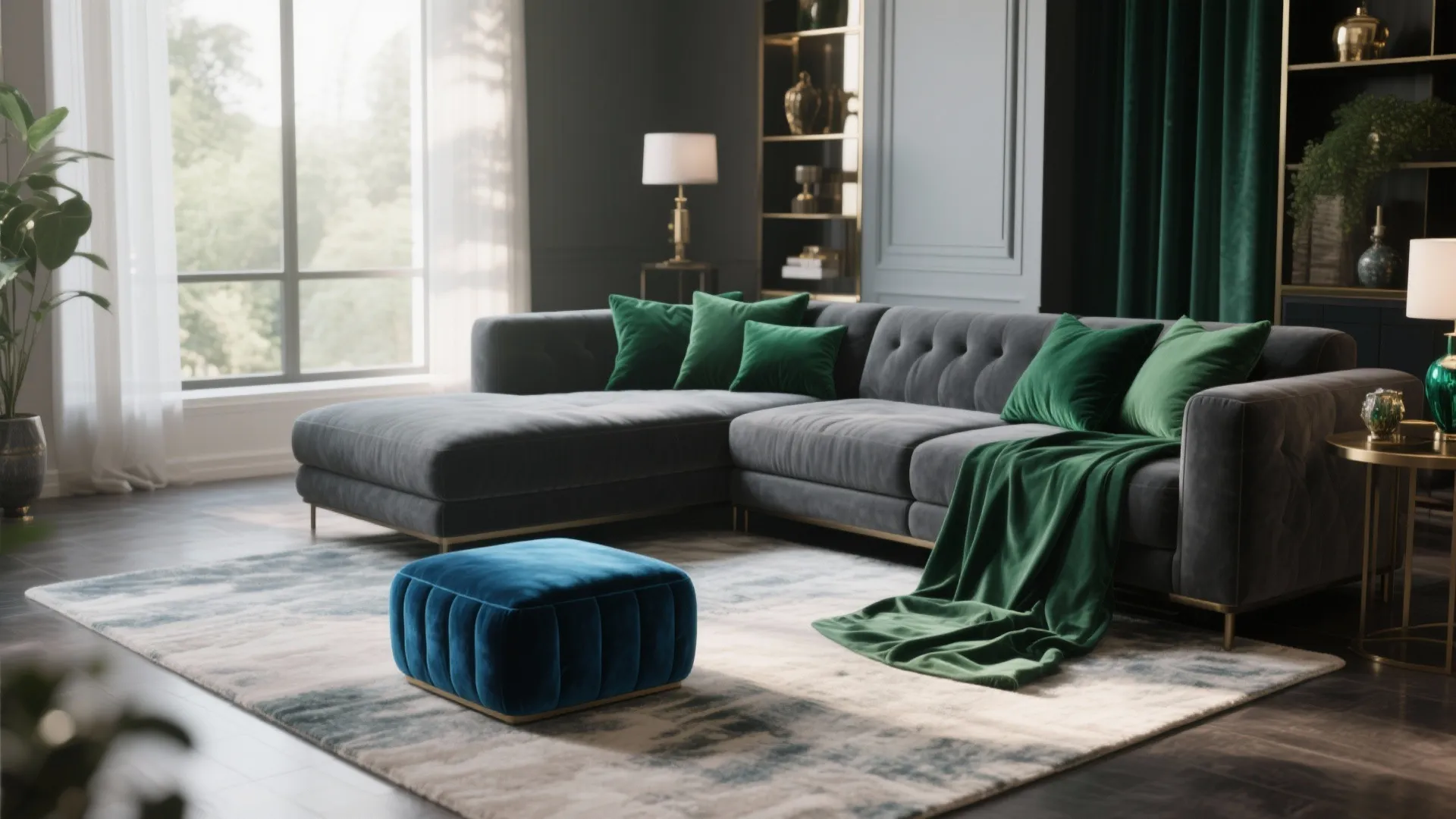 Dark grey couch with emerald and sapphire accents