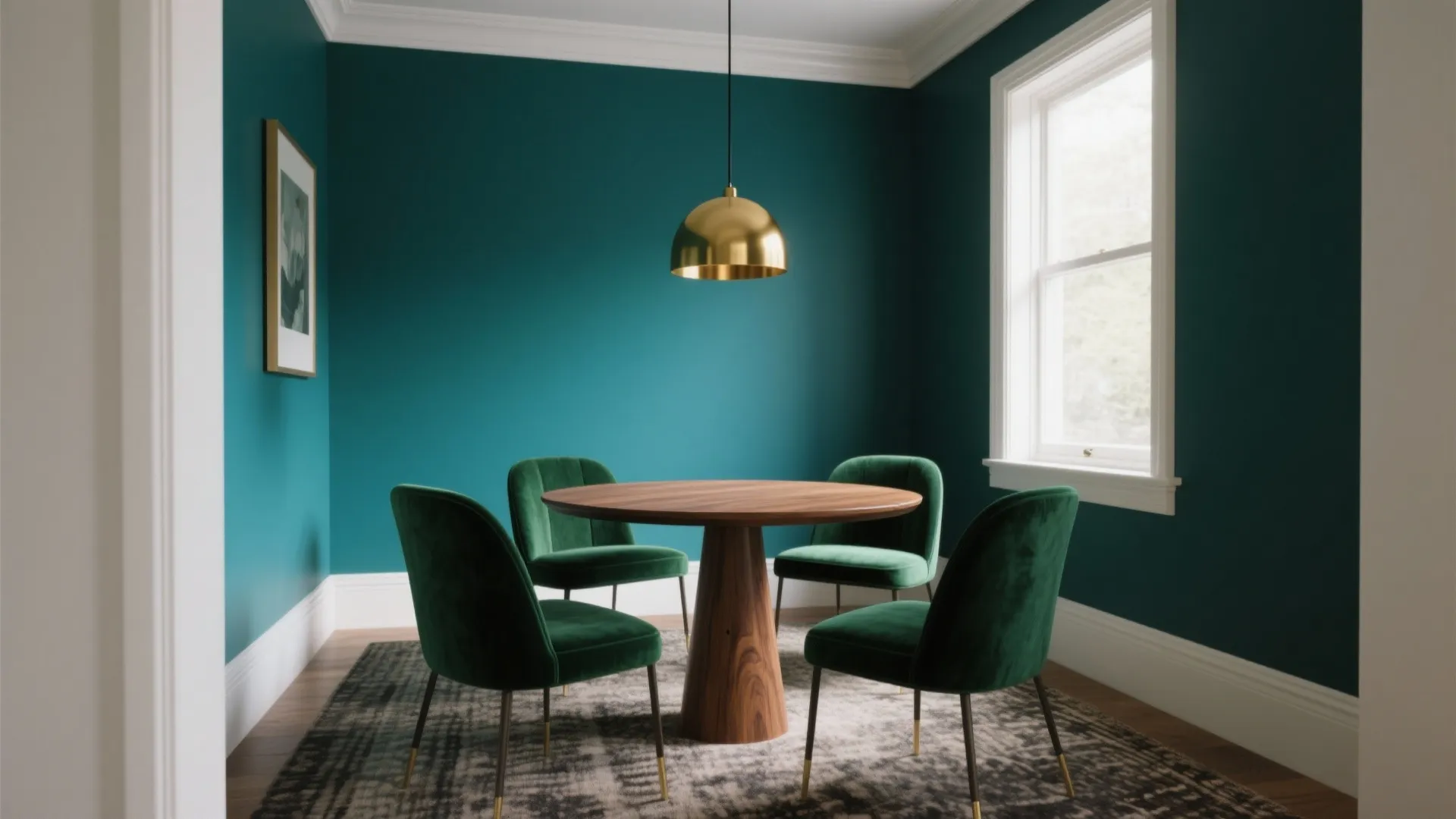 Modern dining area with teal walls round wooden table green velvet chairs and gold light