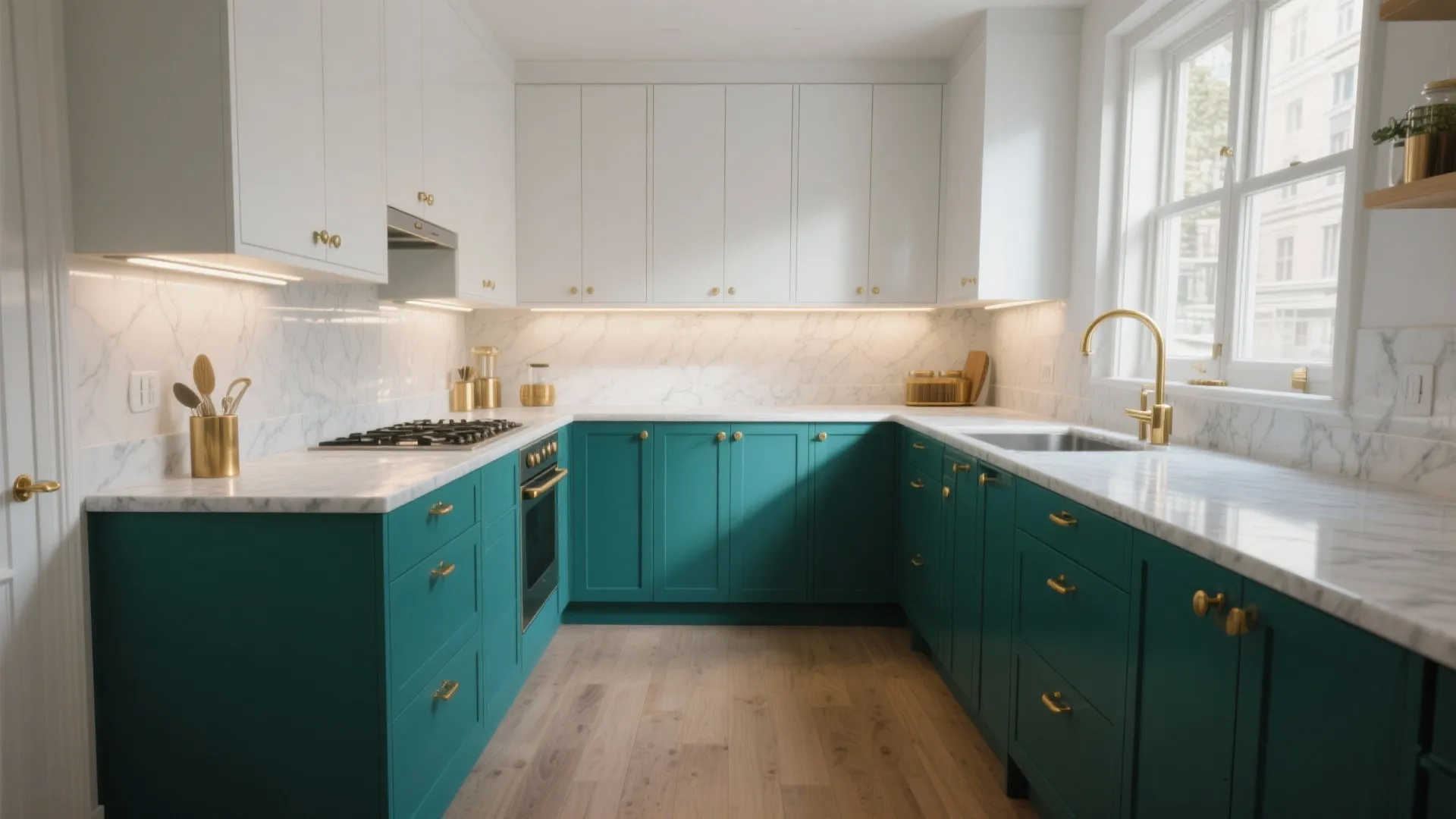 1. Jewel-tone cabinets — emerald, sapphire, or deep teal