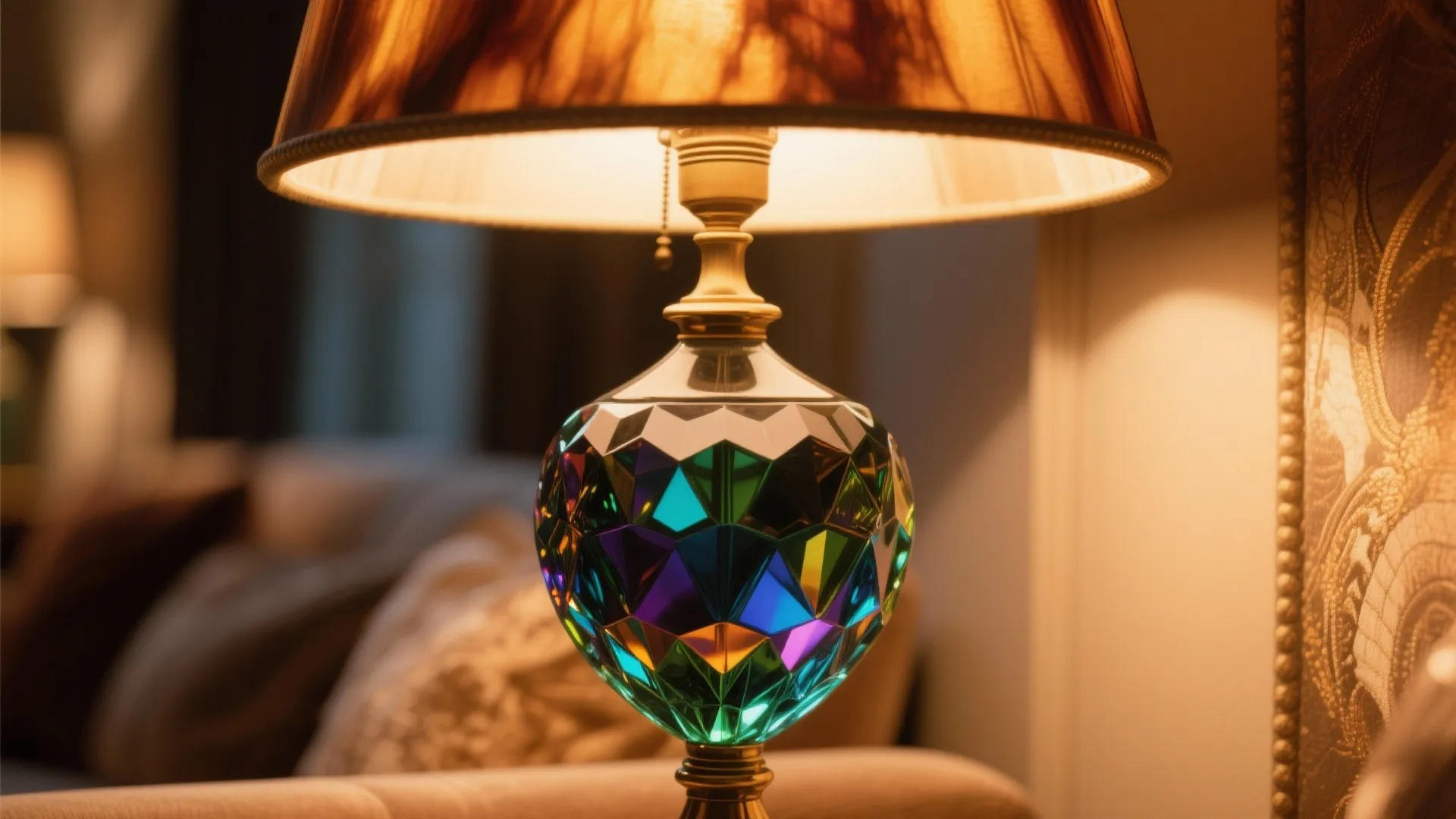 Table lamp with a colorful jewel toned faceted glass base and a warm fabric shade