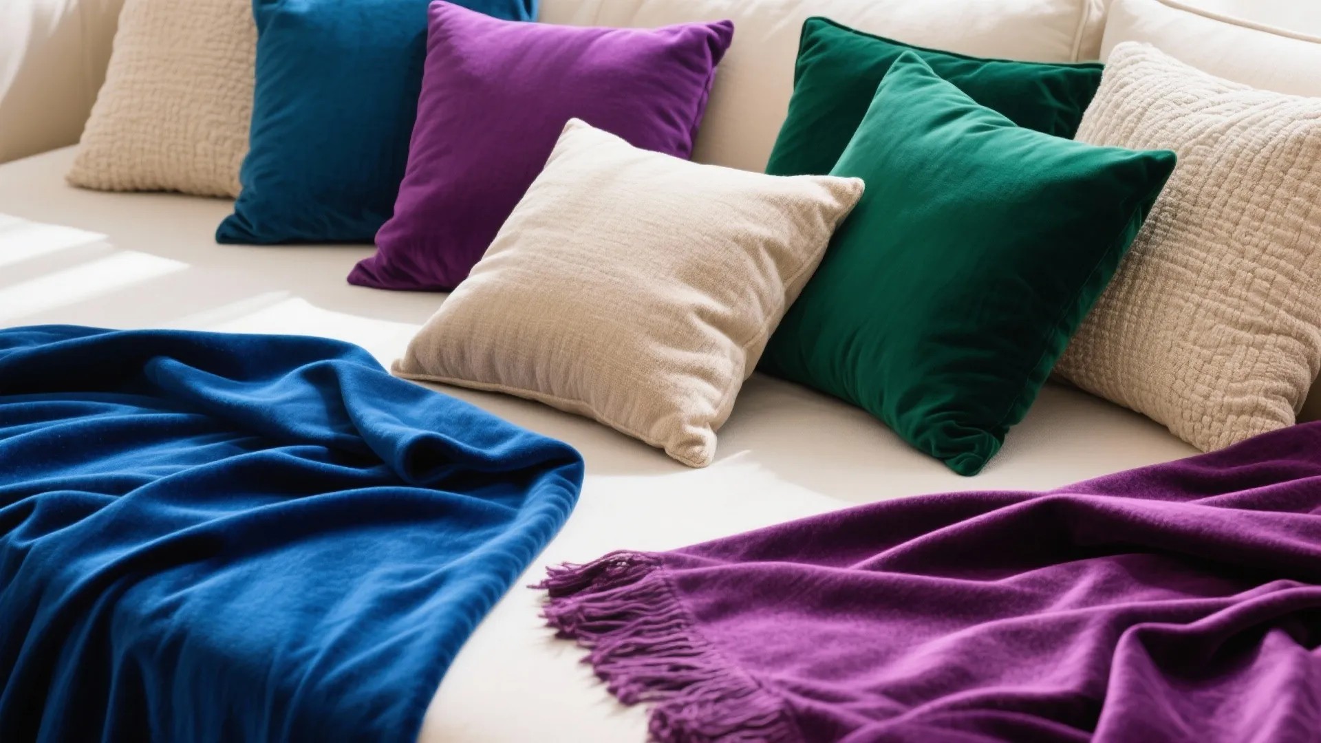 Flatlay of jewel-toned fabrics in blue, green, and purple