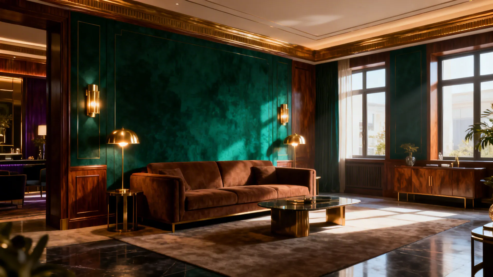 Brown sofa positioned before an emerald green accent wall with brass lighting and warm wood accents.