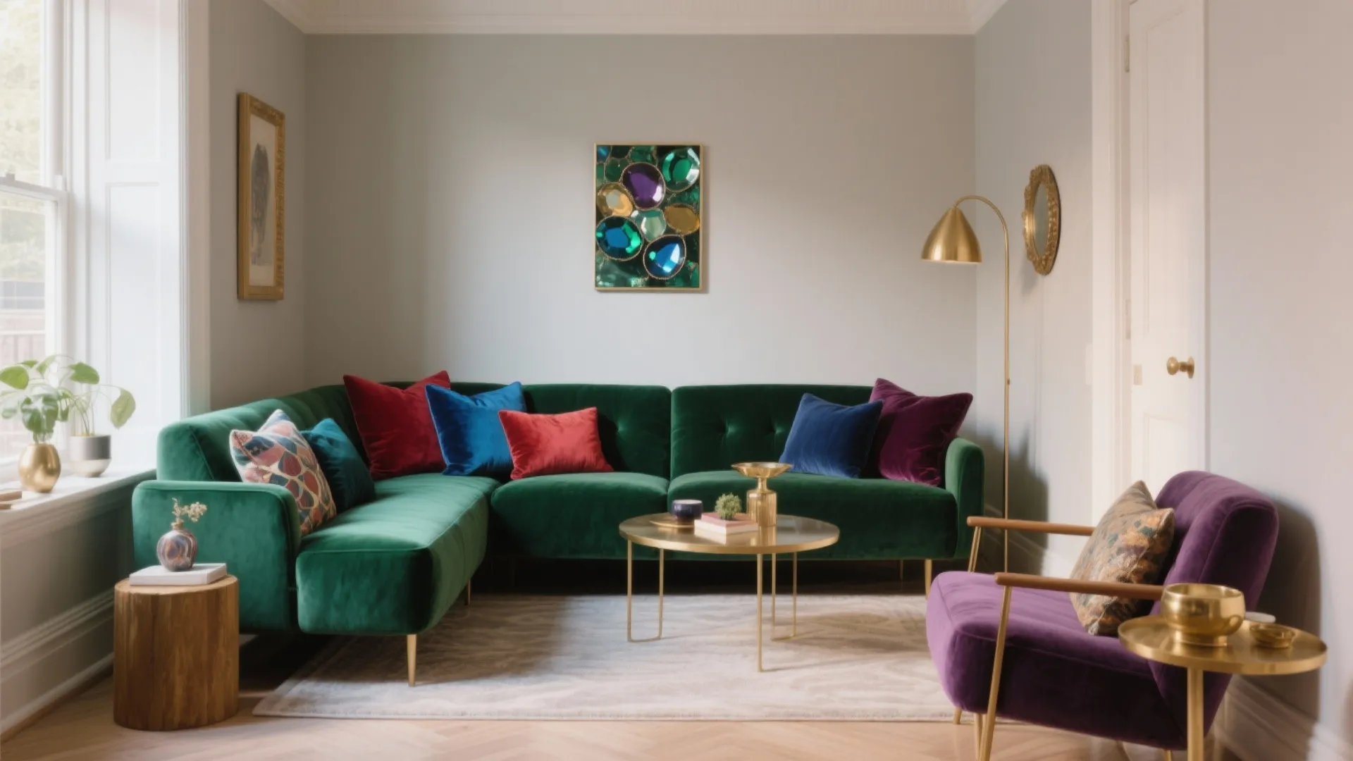 Green velvet corner sofa with colorful pillows and purple chair in modern jewel tone living room