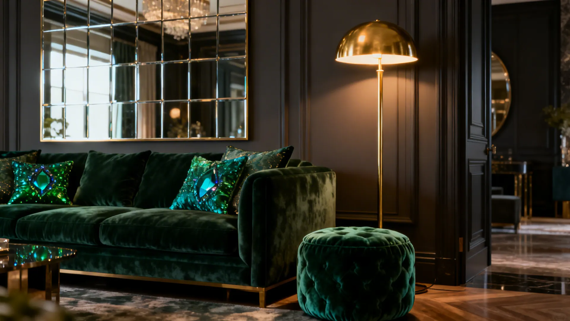 Dark green couch with emerald cushions, velvet pouf and brass lamp in a luxe lounge