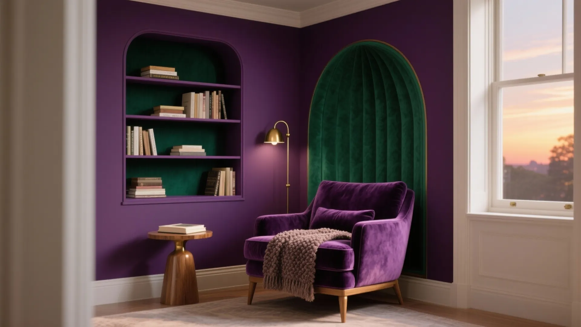 Purple velvet sofa in cozy reading corner with green wall panel bookshelf and gold floor light