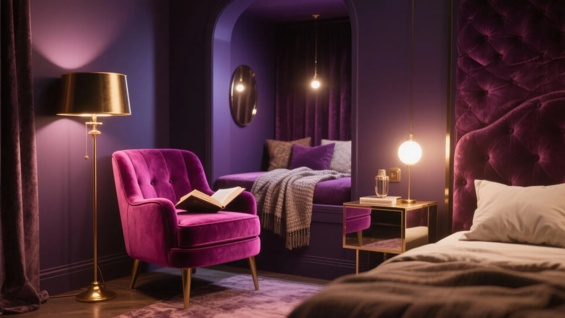 Purple velvet sofa chair and small gold side table in a dark moody bedroom corner