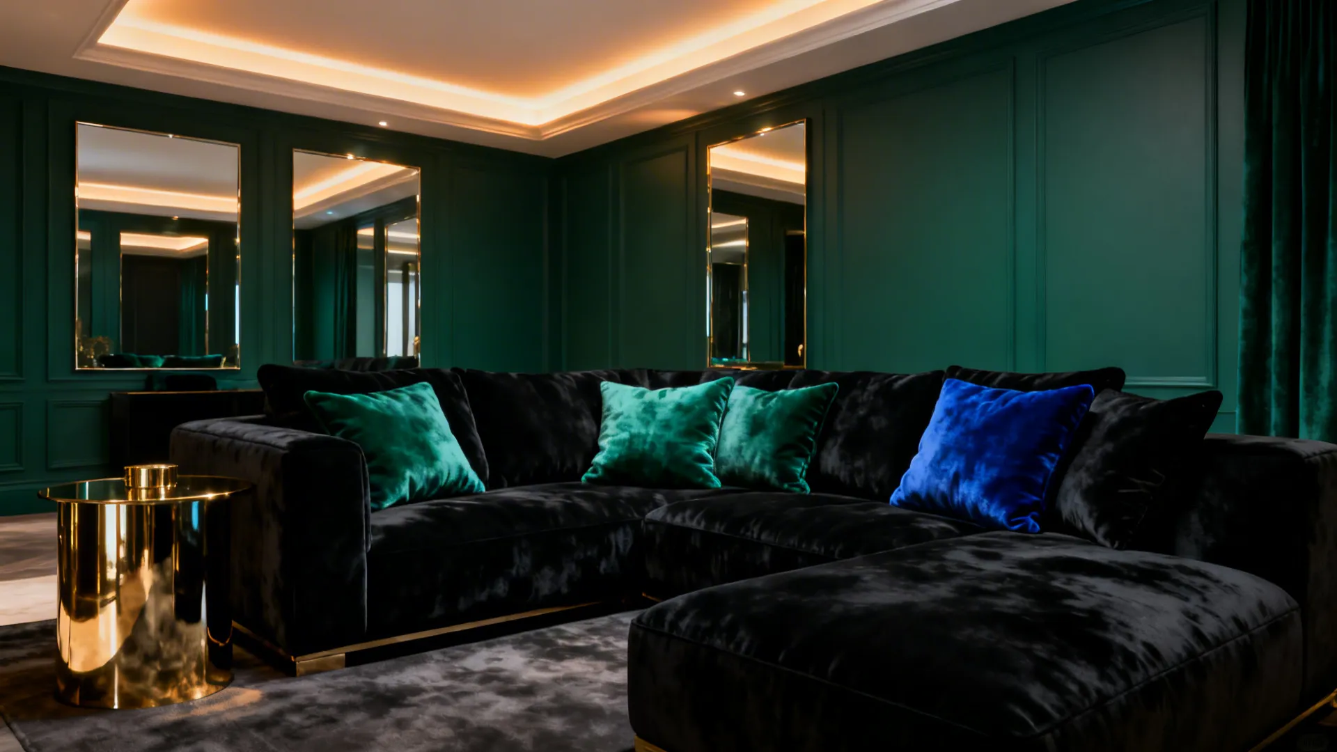 Black sofa against deep emerald walls with jewel-tone cushions and brass accents