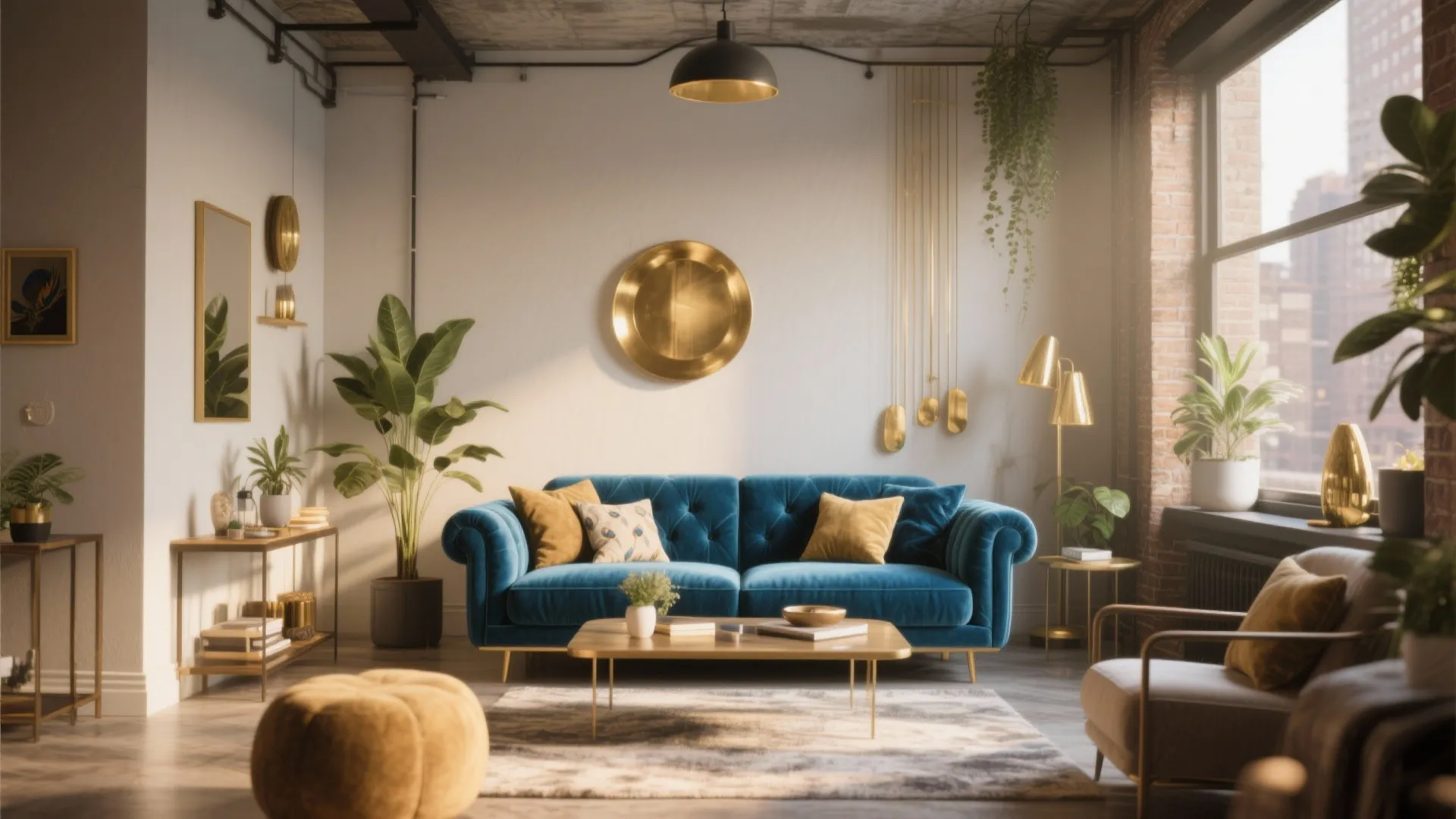 Peacock-blue velvet sofa in a bright loft living room
