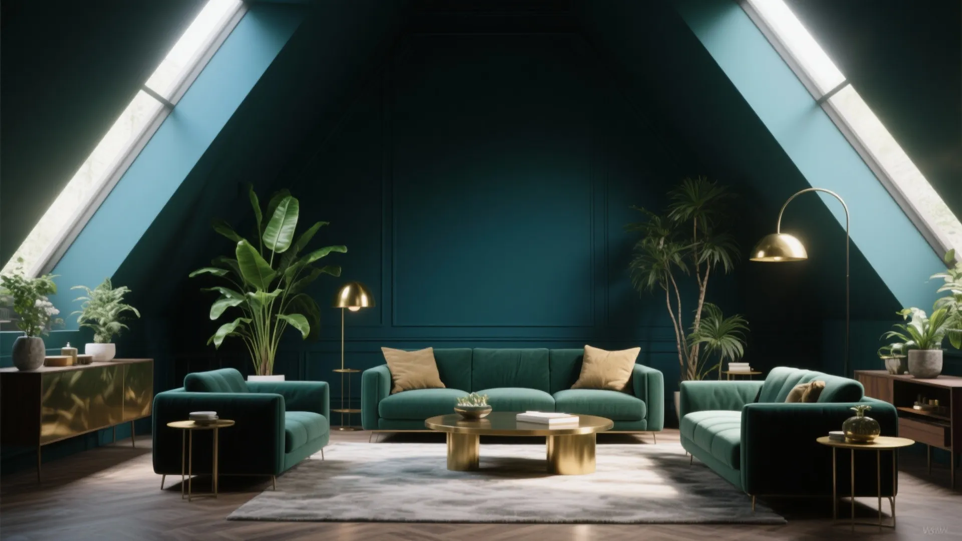 Dark teal attic living room with green sofas, gold coffee table, floor lamp, and plants