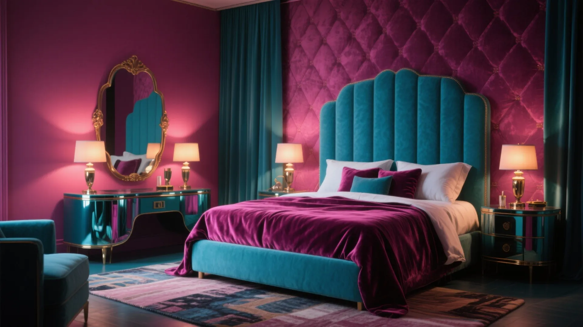 Luxury master bedroom with teal velvet bed pink walls gold mirror and stylish bedside table lamps