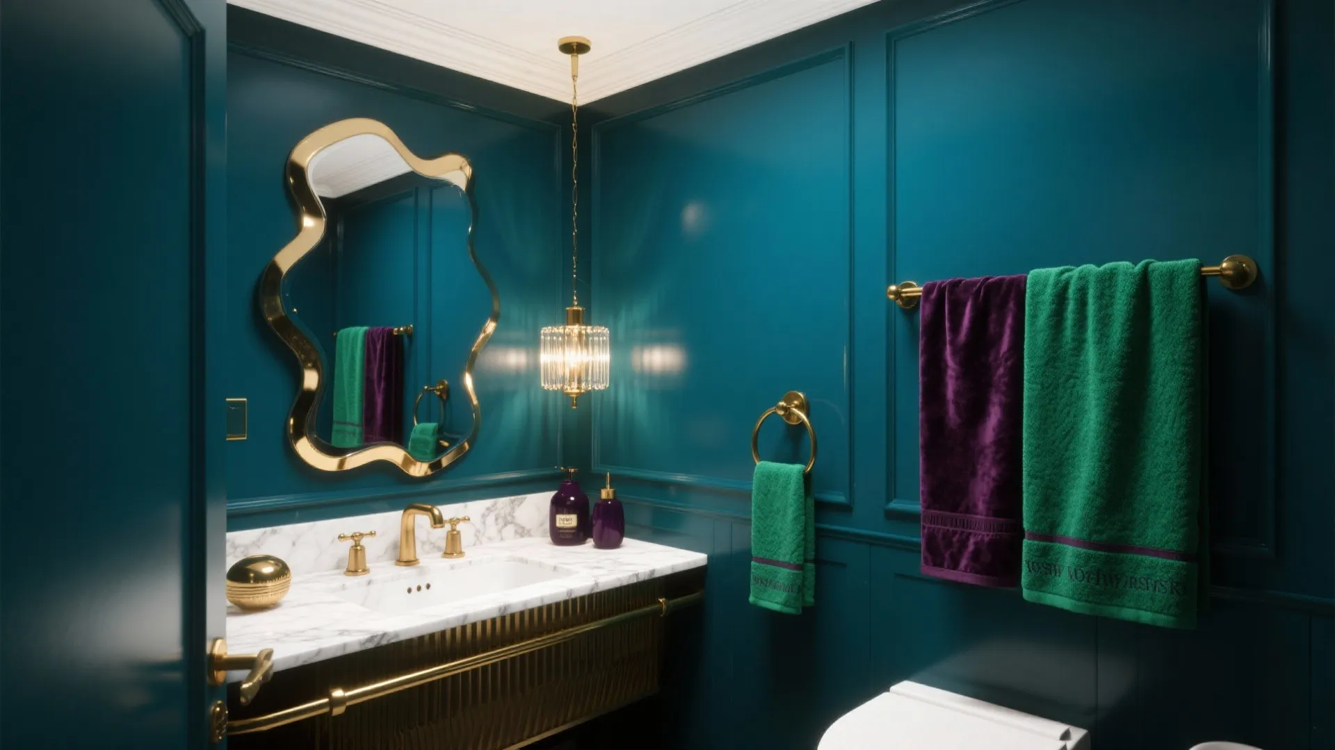 Teal bathroom featuring gold wavy mirror marble vanity hanging ceiling light and colorful soft towels