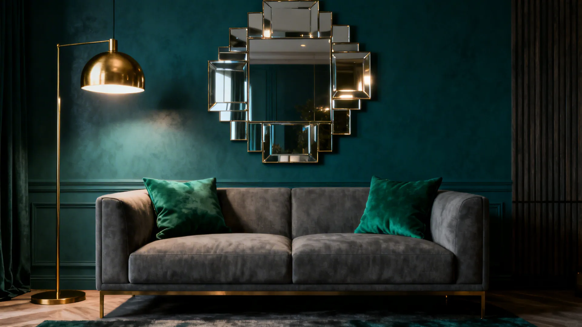 Grey sofa in front of a deep teal accent wall with brass lighting and emerald cushions.