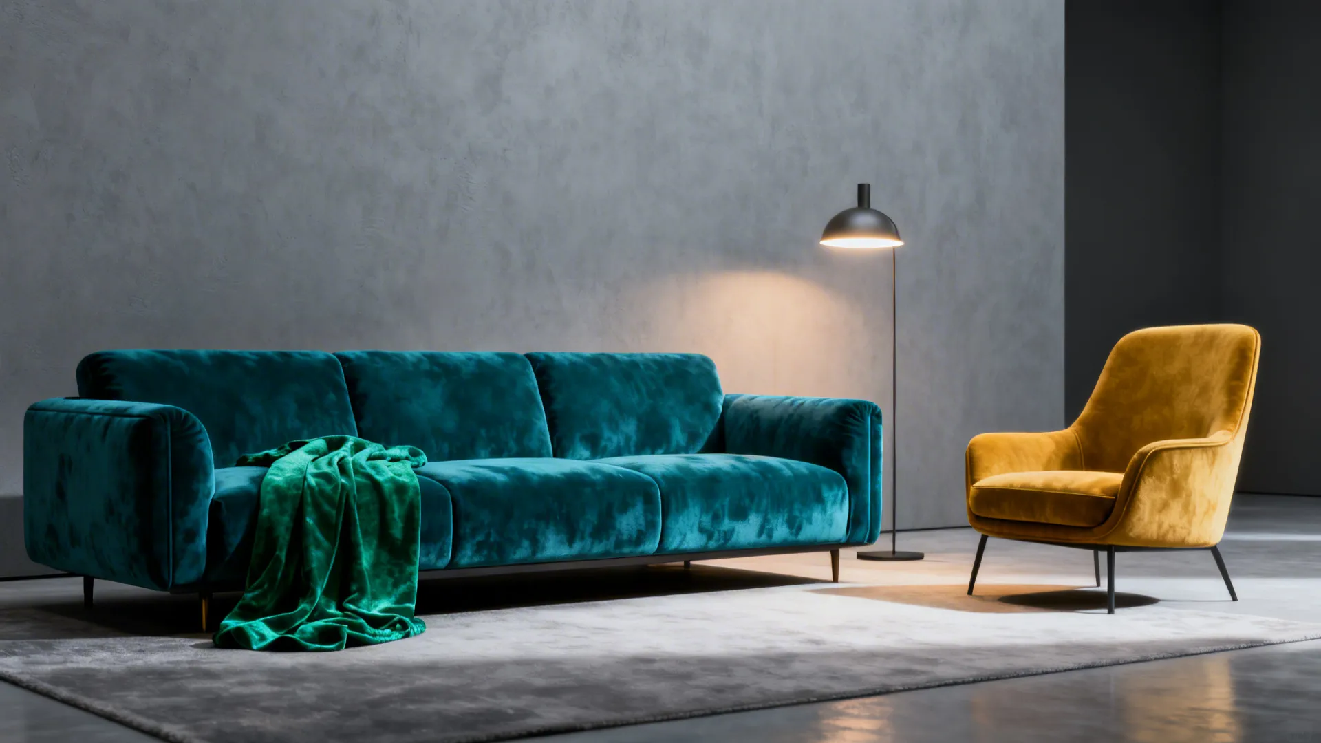 Grey-walled living room with a teal sofa and mustard chair creating dramatic jewel-tone contrast.