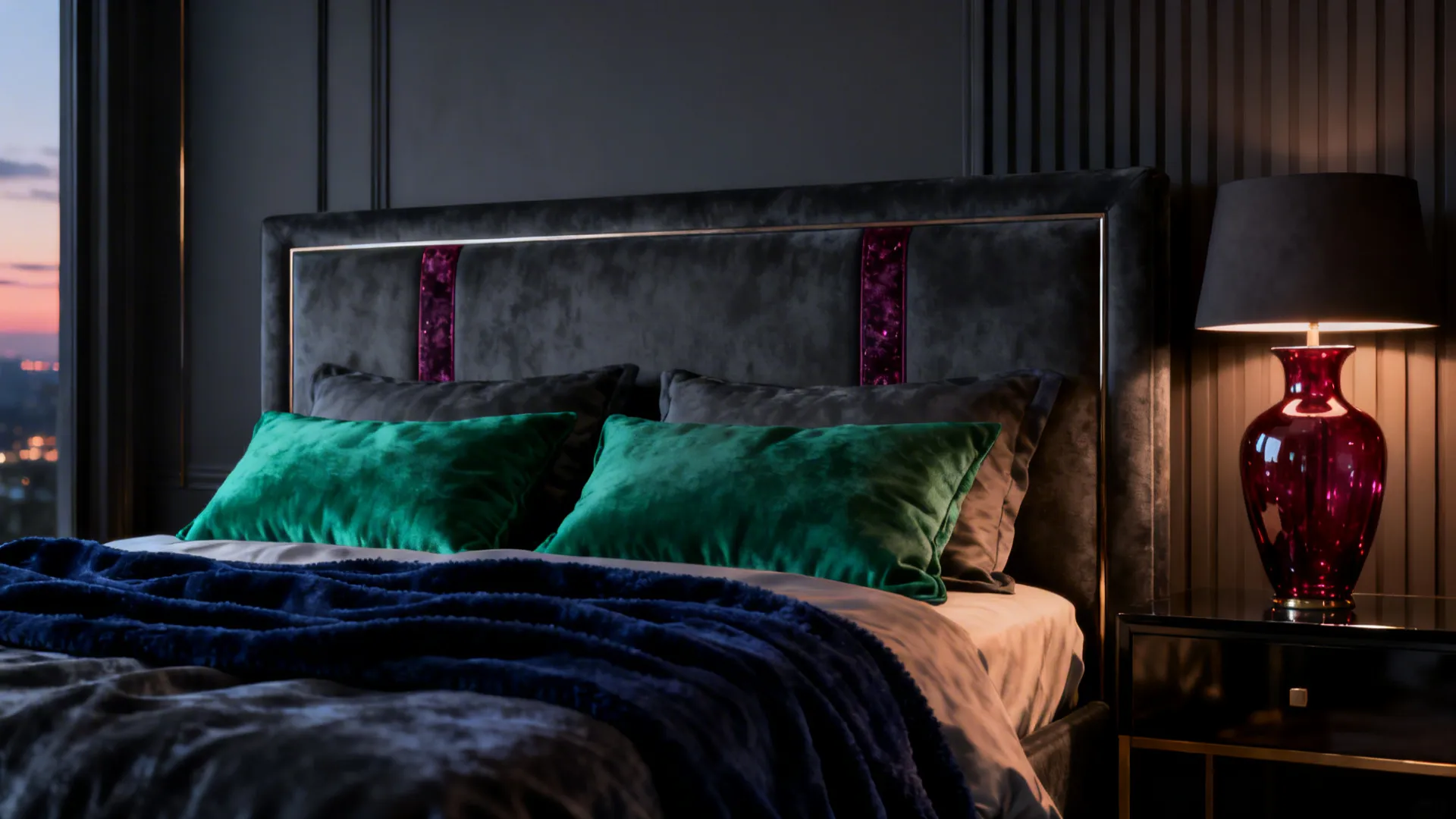 Charcoal headboard with emerald cushions, navy throw and ruby vase in warm evening light.