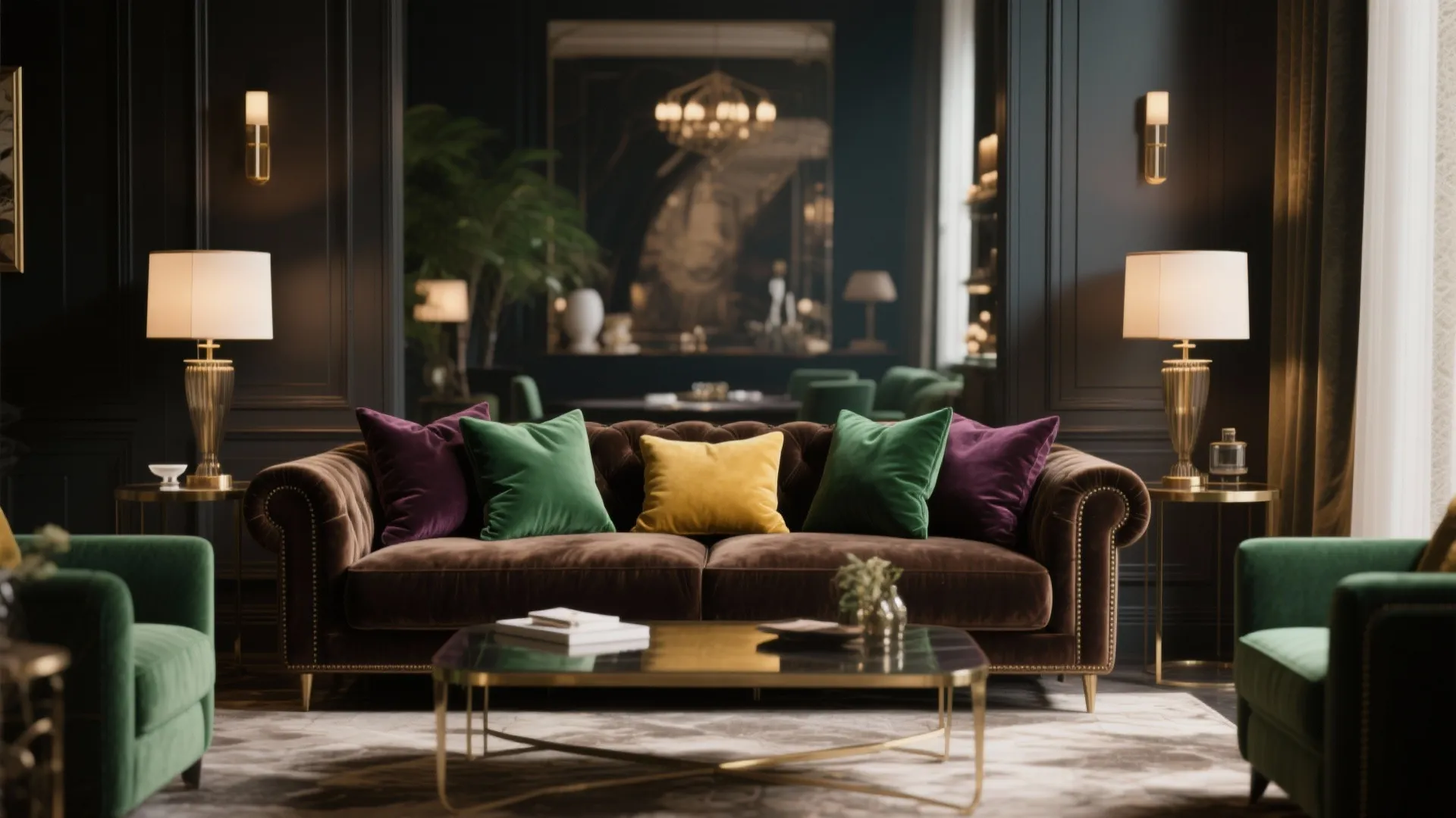 Dark brown velvet couch with jewel-toned pillows in luxe living room