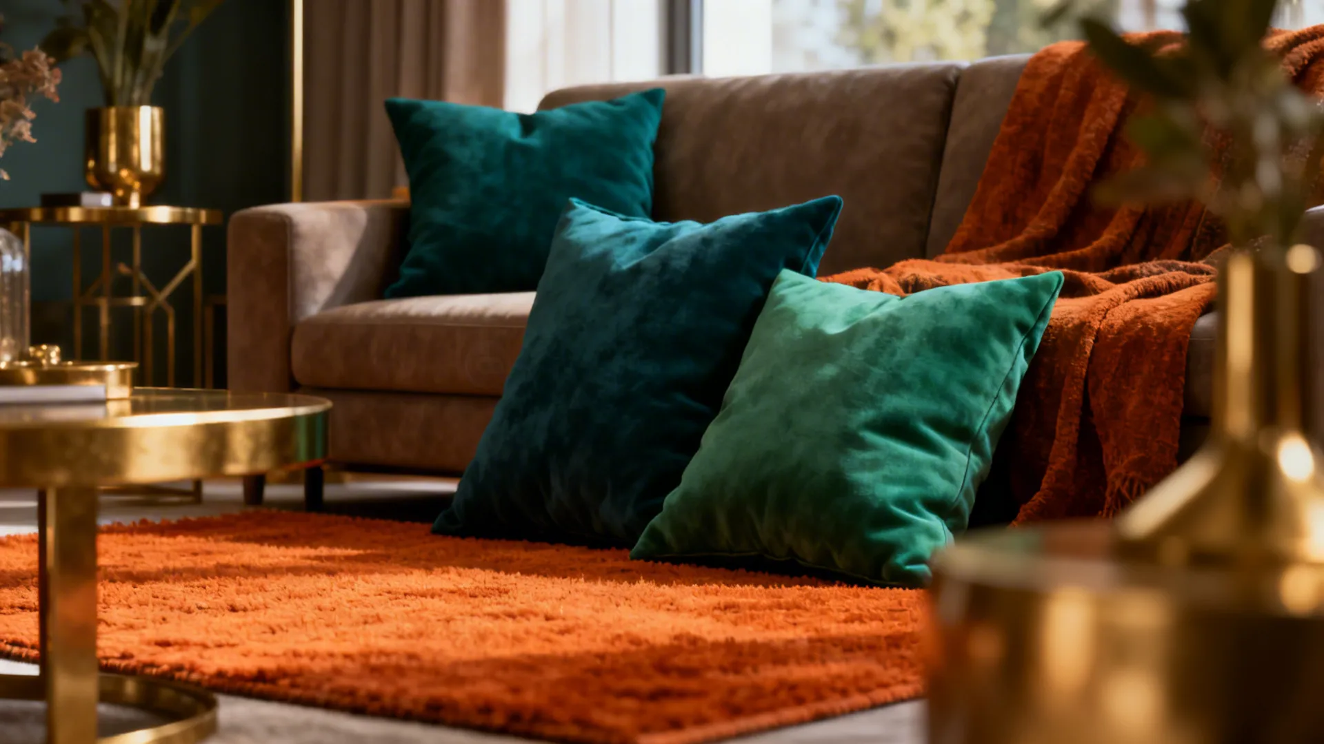 Burnt orange rug styled with emerald and deep teal pillows and brass accents for a dramatic look.