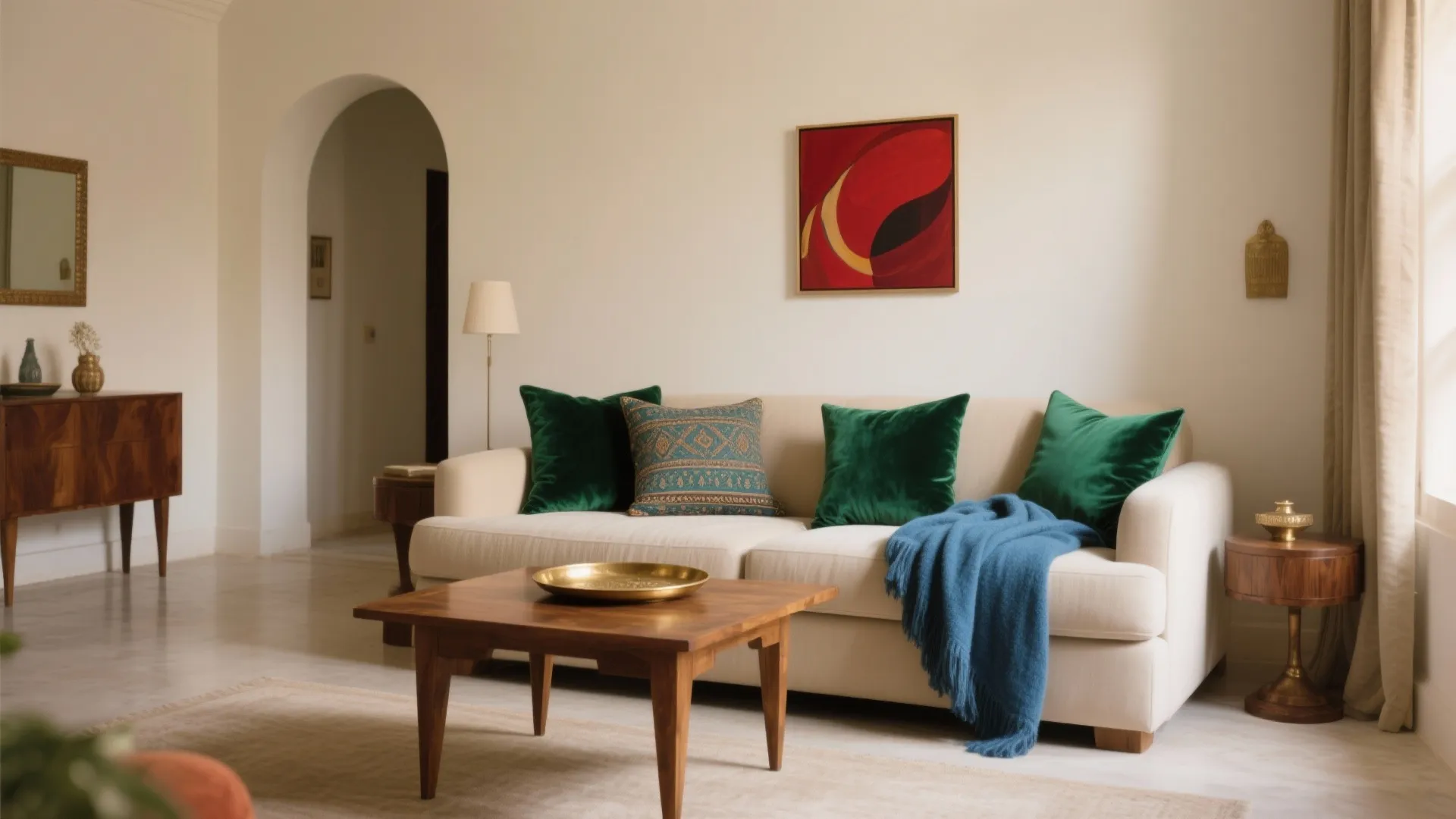 Cream sofa with green pillows, blue blanket, wooden table, and red painting on white wall