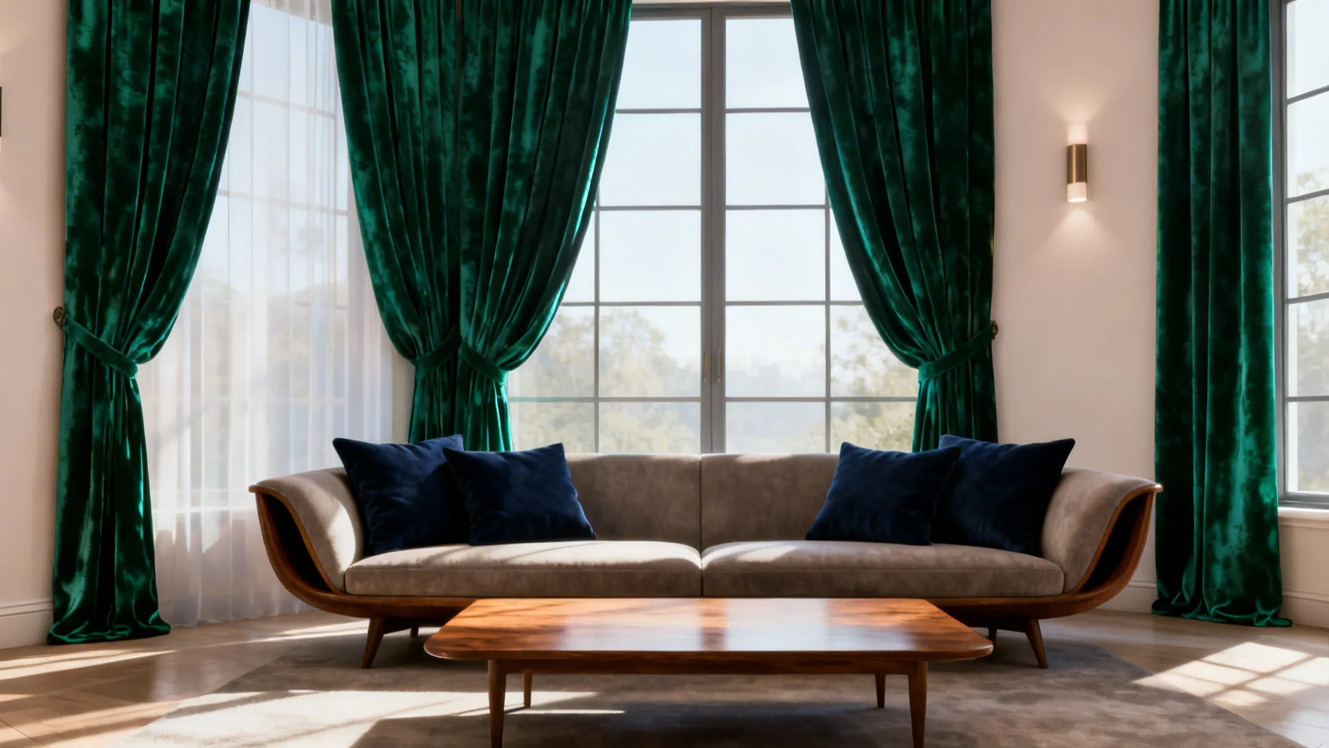 Cozy living room with emerald velvet curtains and navy accents against pale walls.