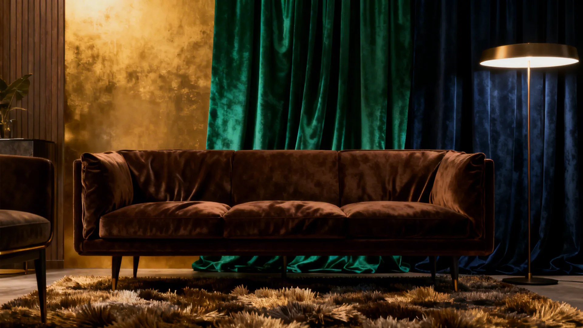 Luxurious living room with a brown sofa and deep emerald and navy drapes creating dramatic contrast.