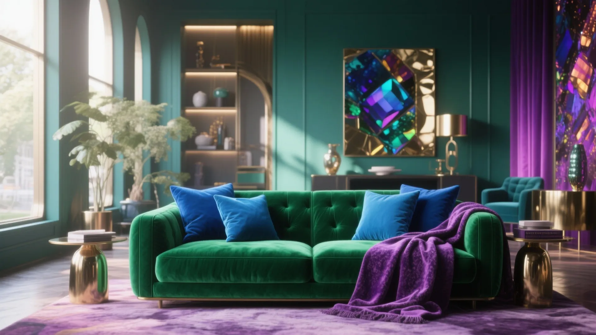 Luxury living room with emerald green sofa blue pillows purple blanket and golden side tables design