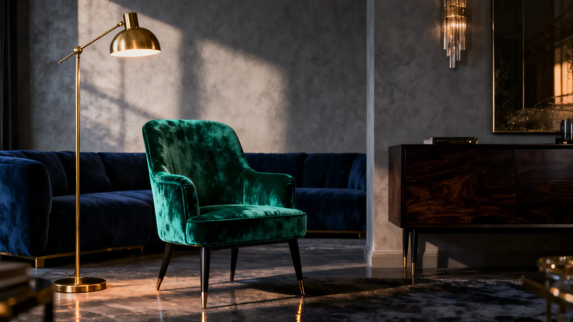 Living room with gray walls featuring an emerald chair, navy seating and brass accents.