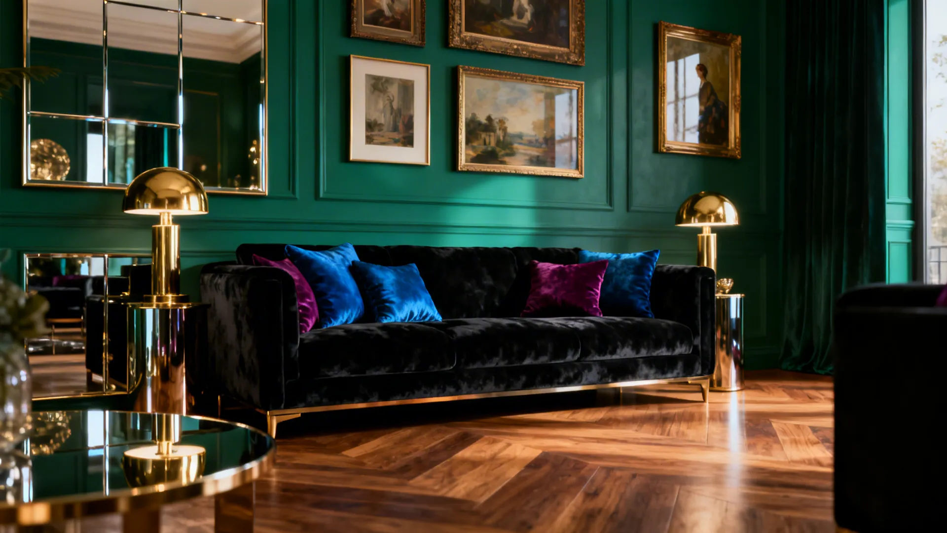 Black sofa in front of an emerald accent wall with jewel-toned cushions and reflective accents.
