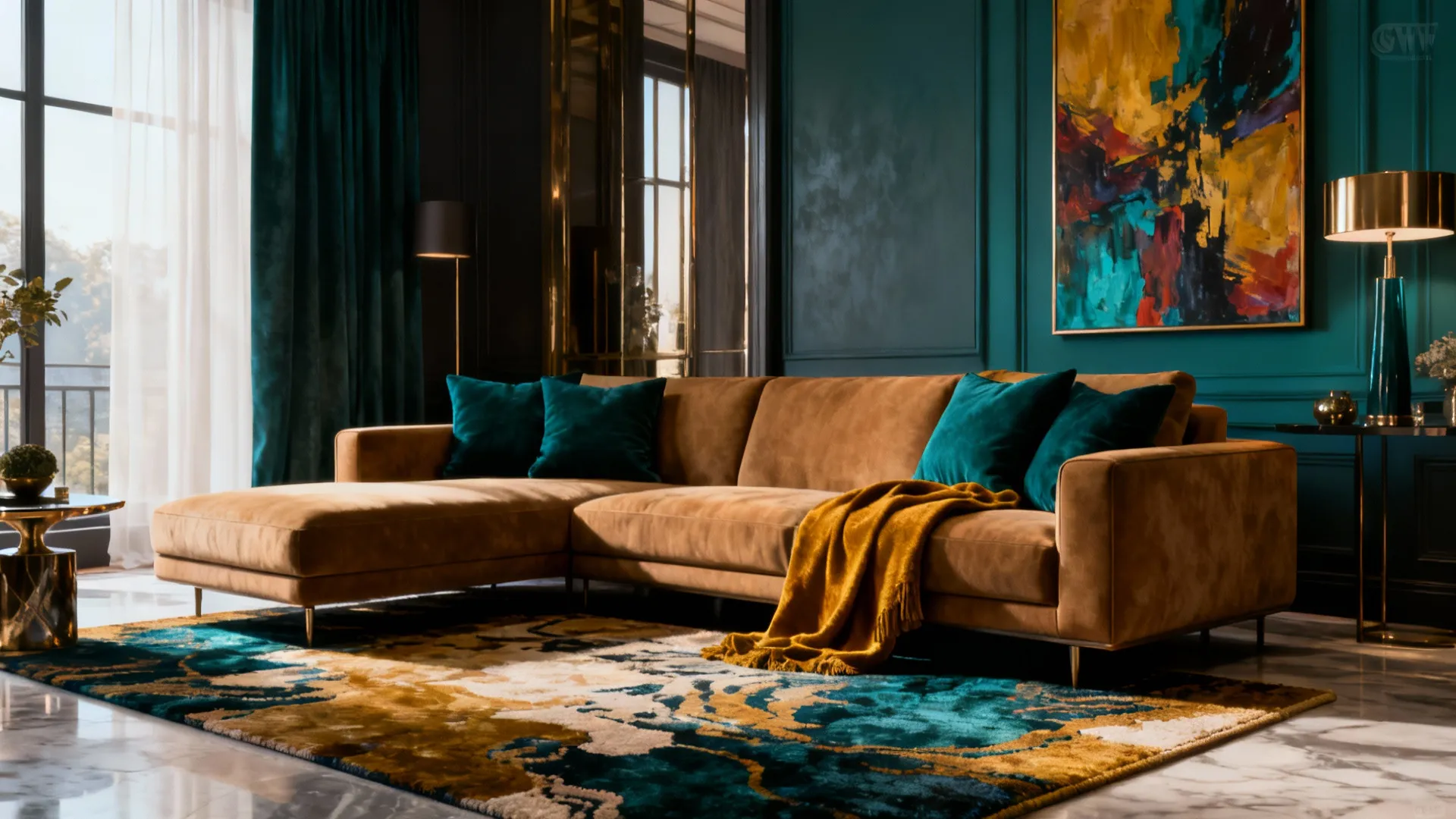 Tan sofa with teal and mustard cushions and a statement rug