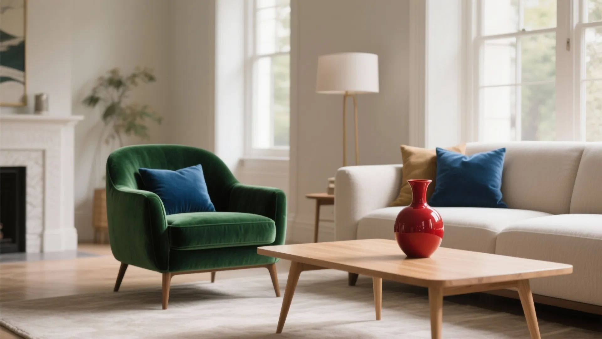 Neutral living room with an emerald chair, sapphire cushions, and a ruby vase styled on a light oak table.