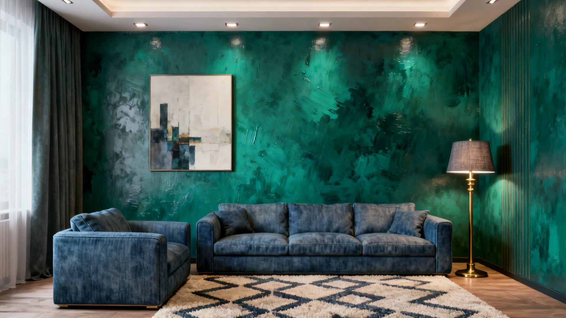 Living room with an emerald statement wall and muted denim sofa with brass accents
