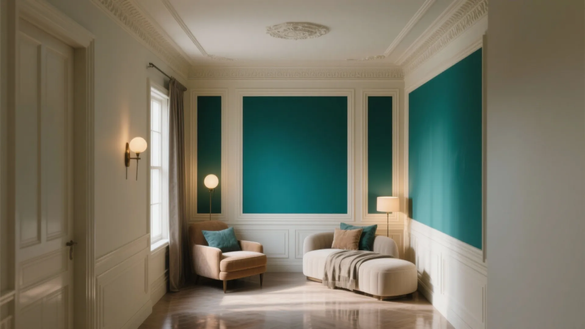 Compact room with deep teal jewel walls and pale cream trims, elegant moldings and balanced lighting.