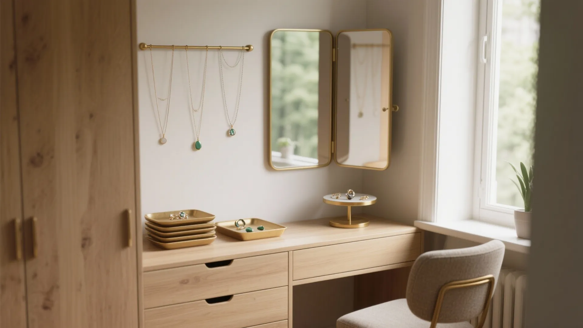 Wooden dressing table with gold jewelry trays mirror and necklaces hanging on a wall rod