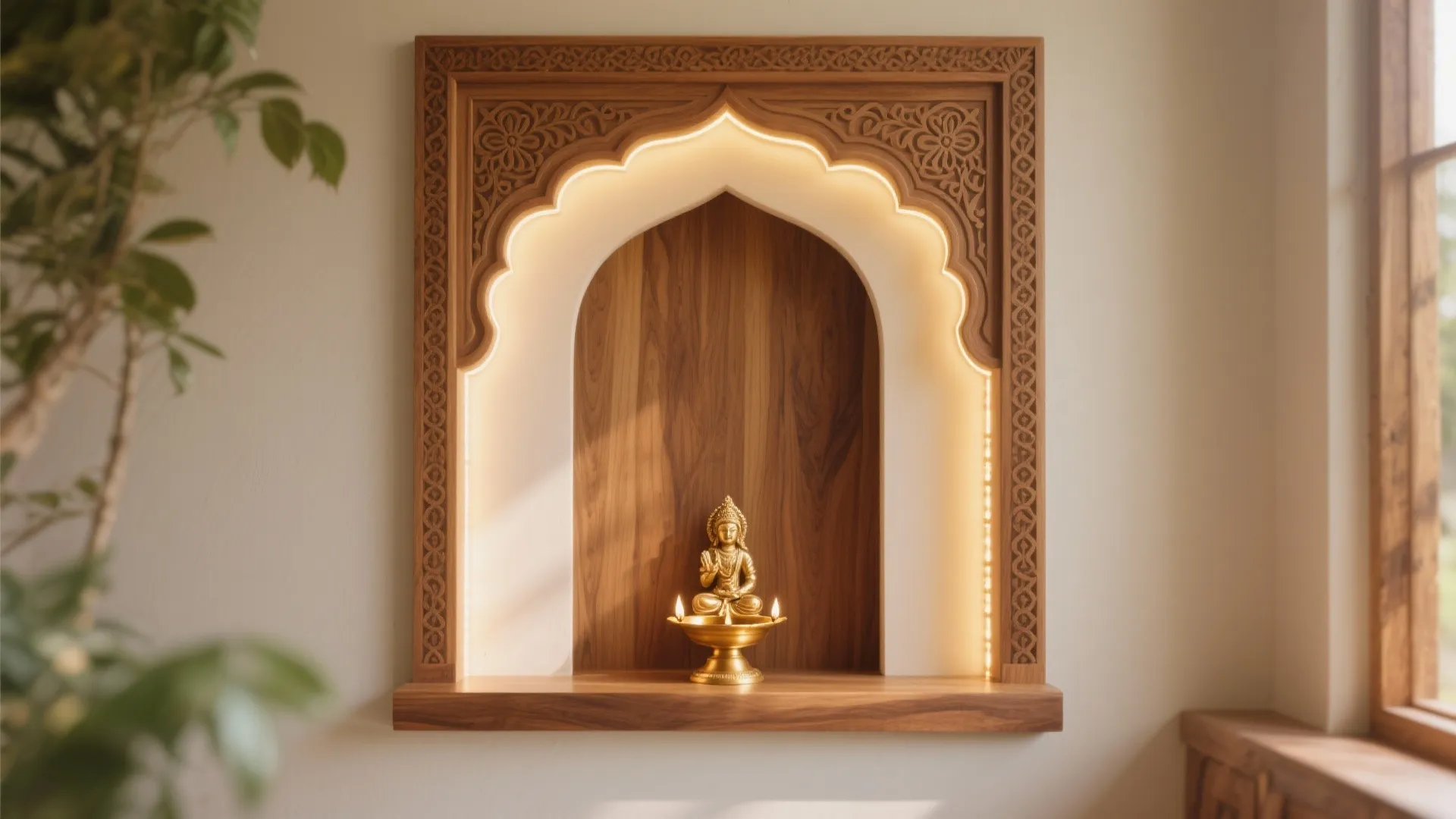 Carved wood wall niche featuring a golden statue with light fixture and green plant leaves