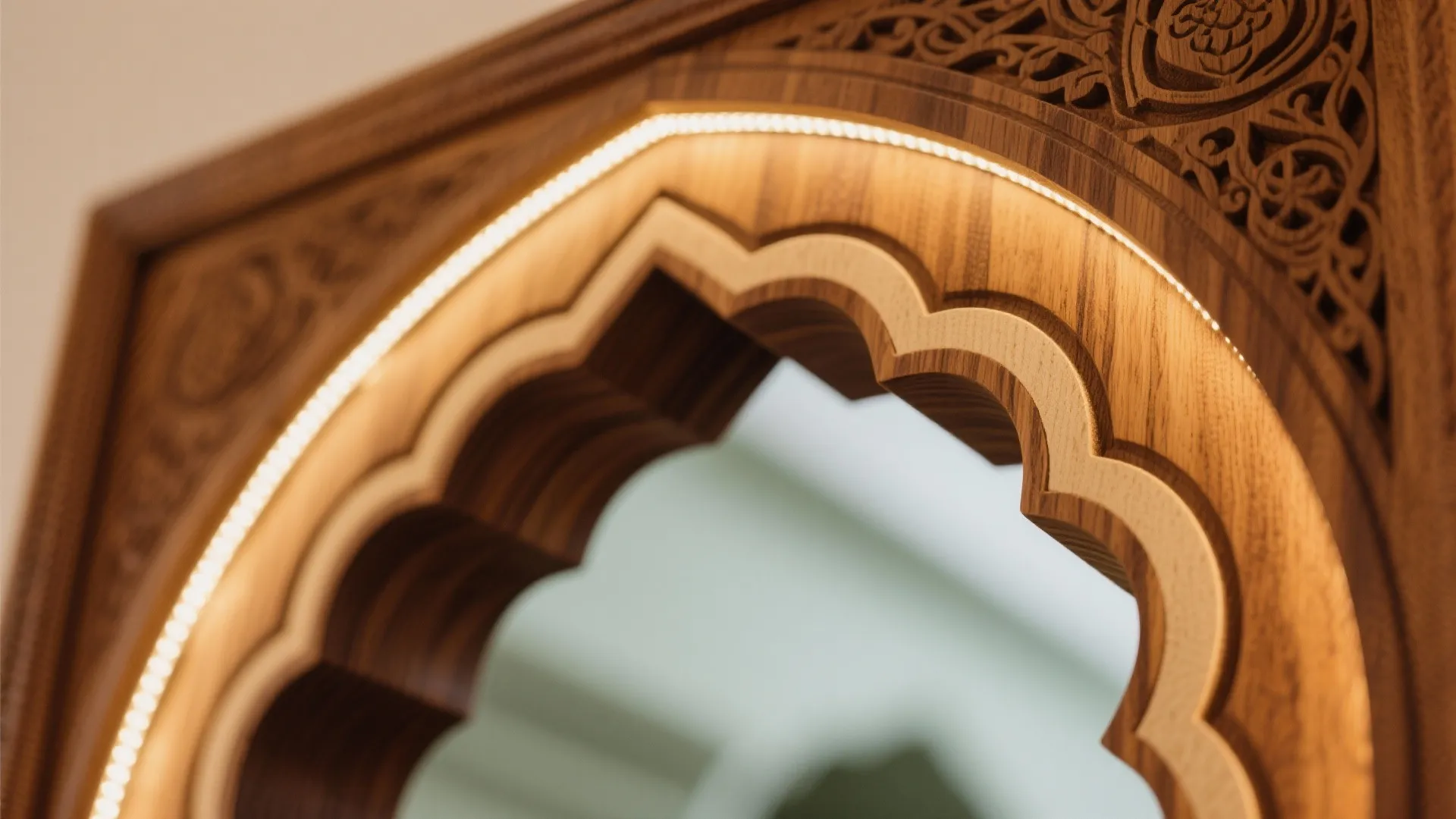 Close up of carved wood arch with integrated warm light fixture showing intricate traditional design details