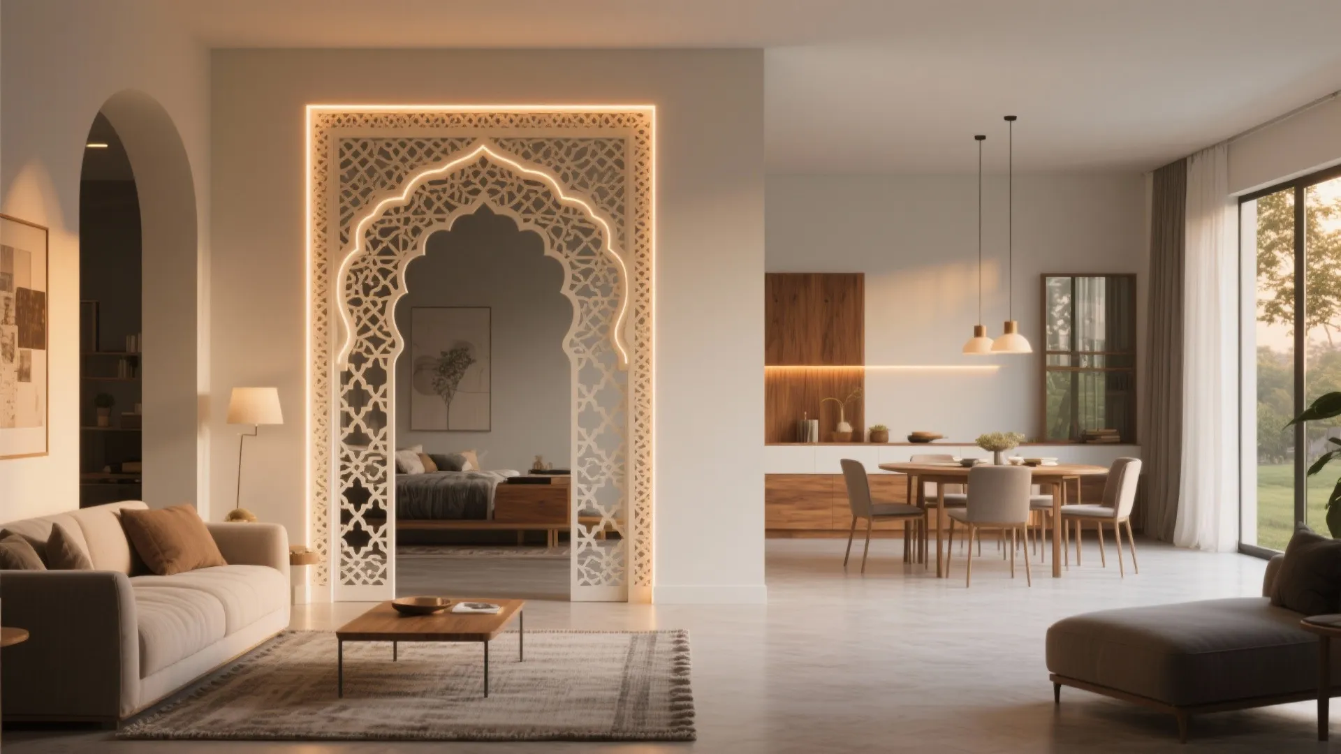 Latticed Jharokha Partition in Open-Plan Living