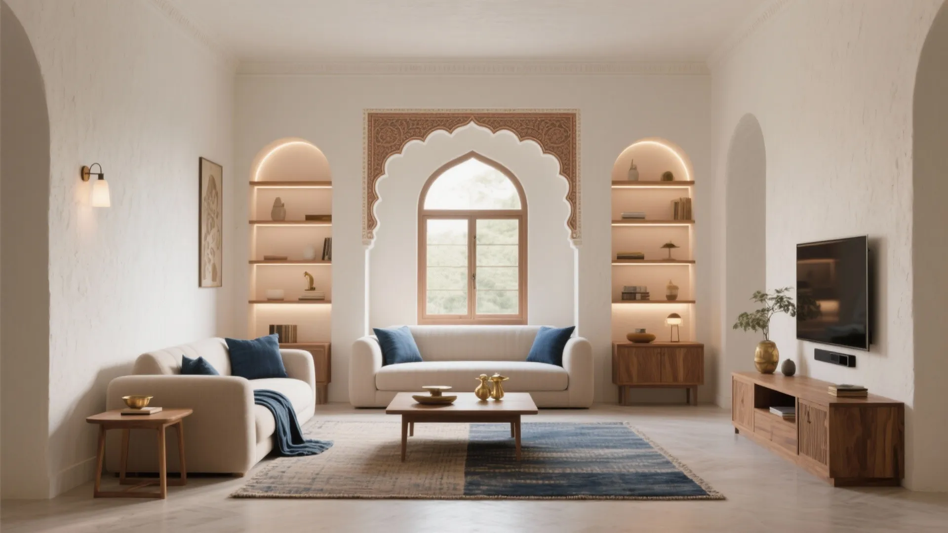 Modern living room with arched wall niches, white sofas, blue cushions, wooden table, and television
