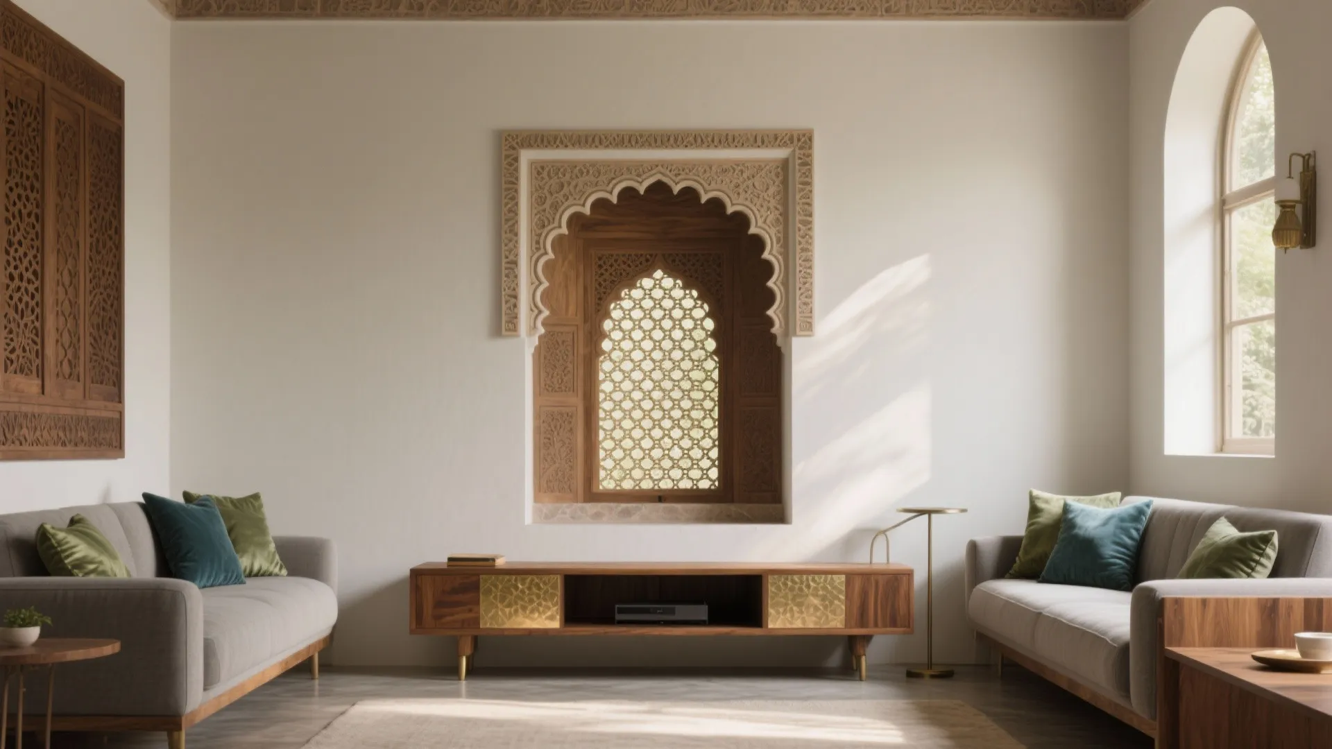 Modern living room with grey sofas wooden cabinet carved wall window and bright arched window