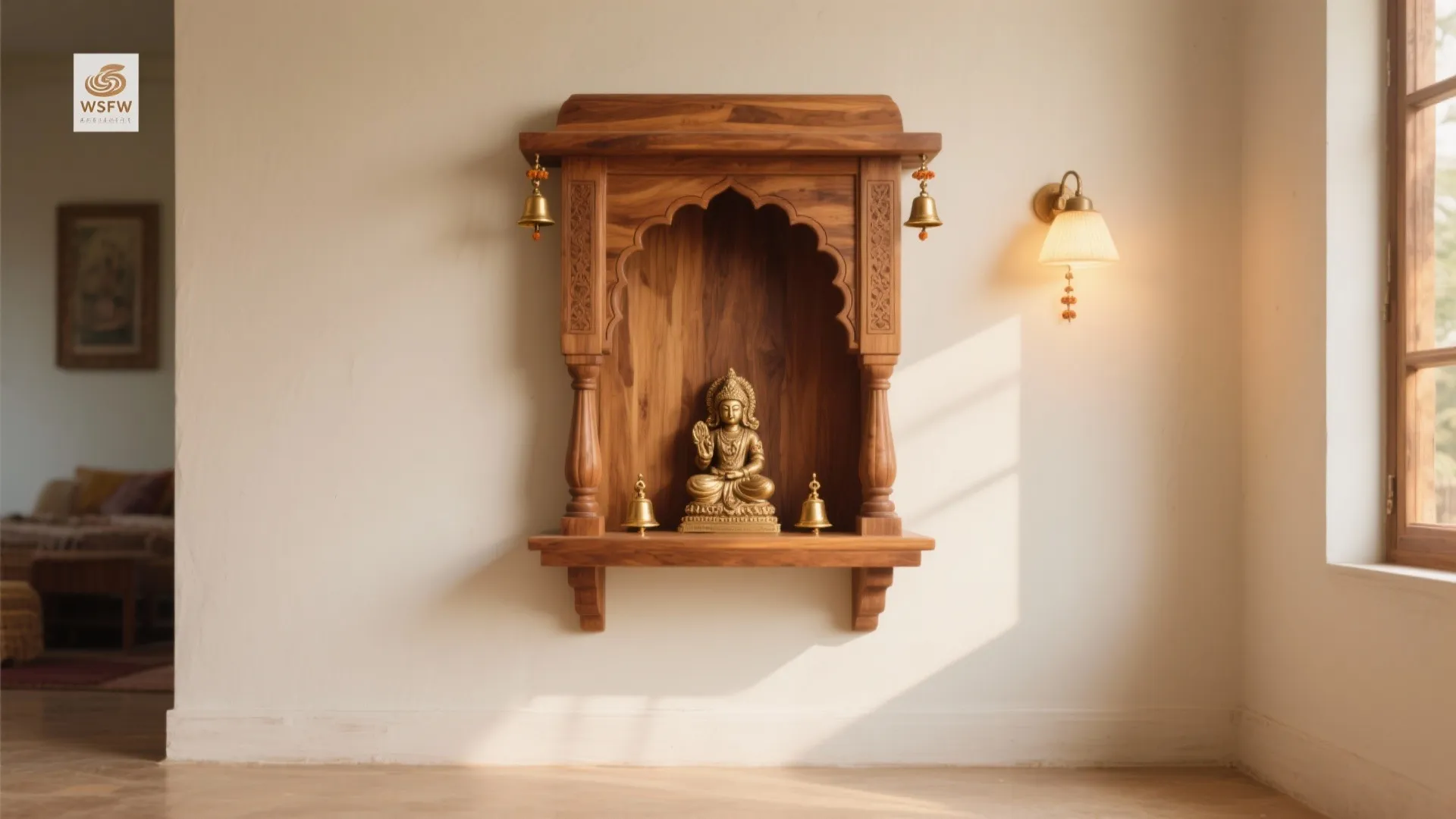 Carved wooden wall shelf with golden statue and small bells next to a wall light