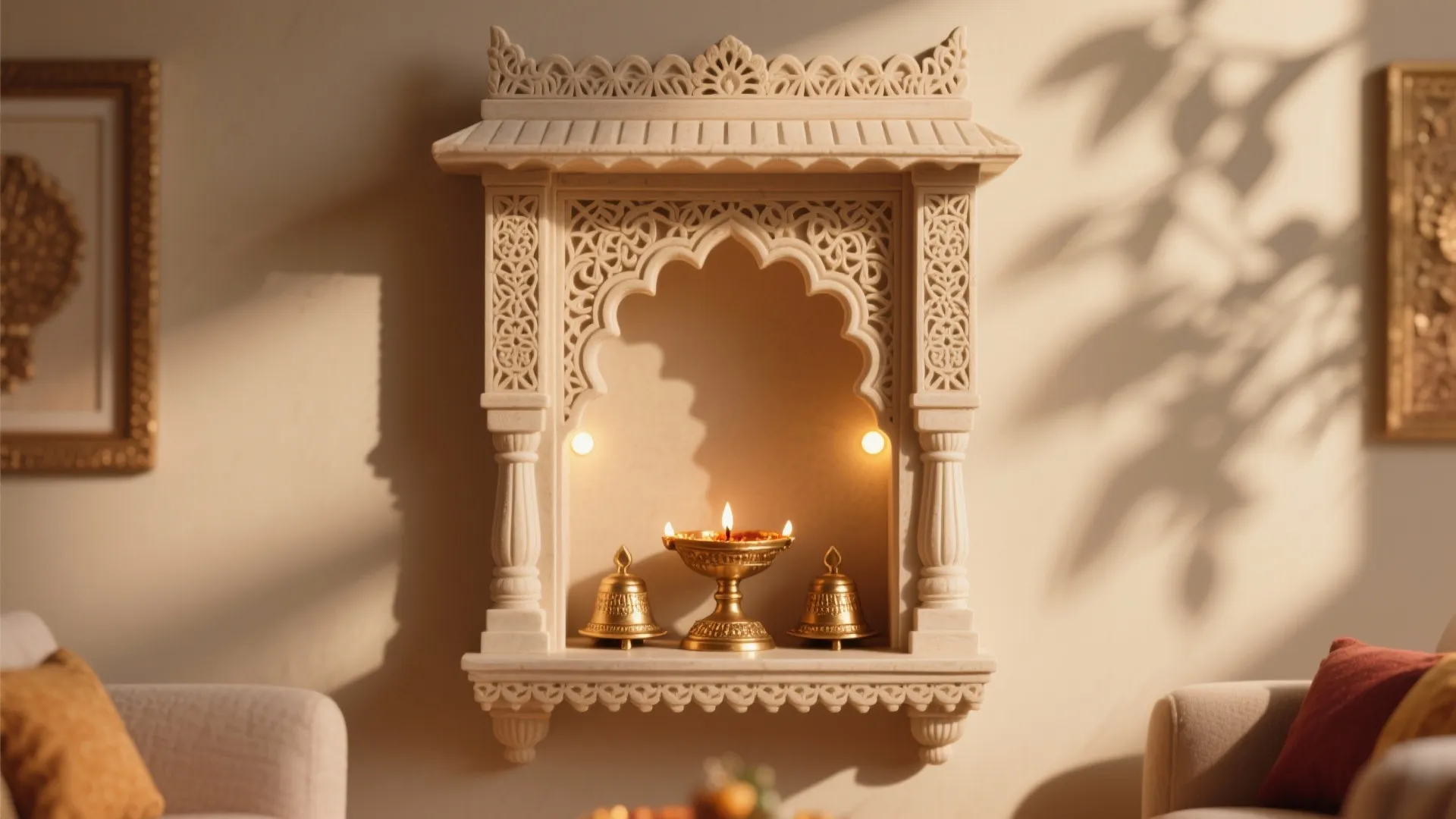 Traditional stone wall niche featuring a brass oil lamp and bells with warm indoor lighting design